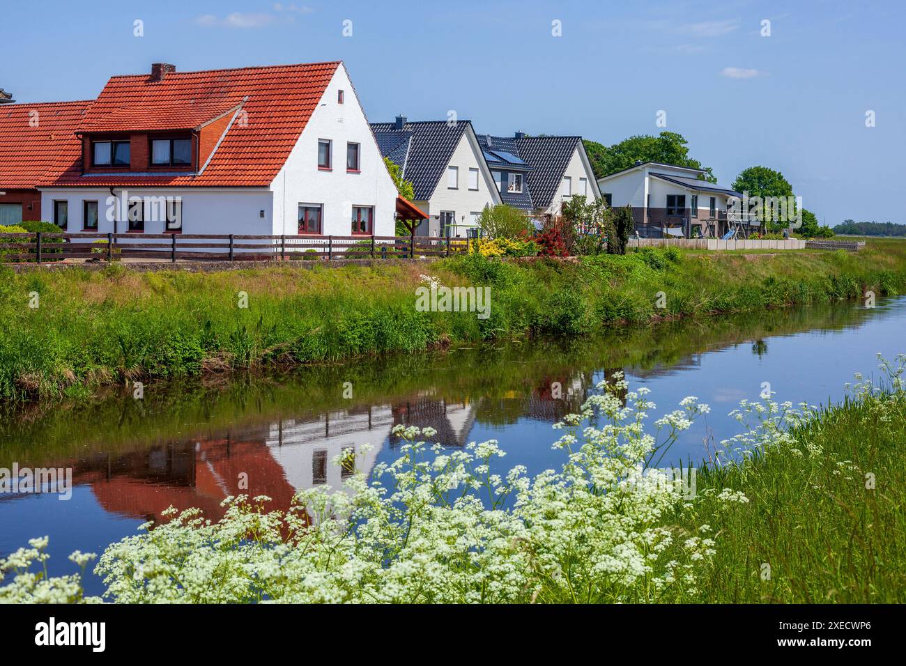 Residential houses, single-family houses, residential buildings, river Goldene Aue, Barenburg, Lower Saxony, Germany Stock Photo