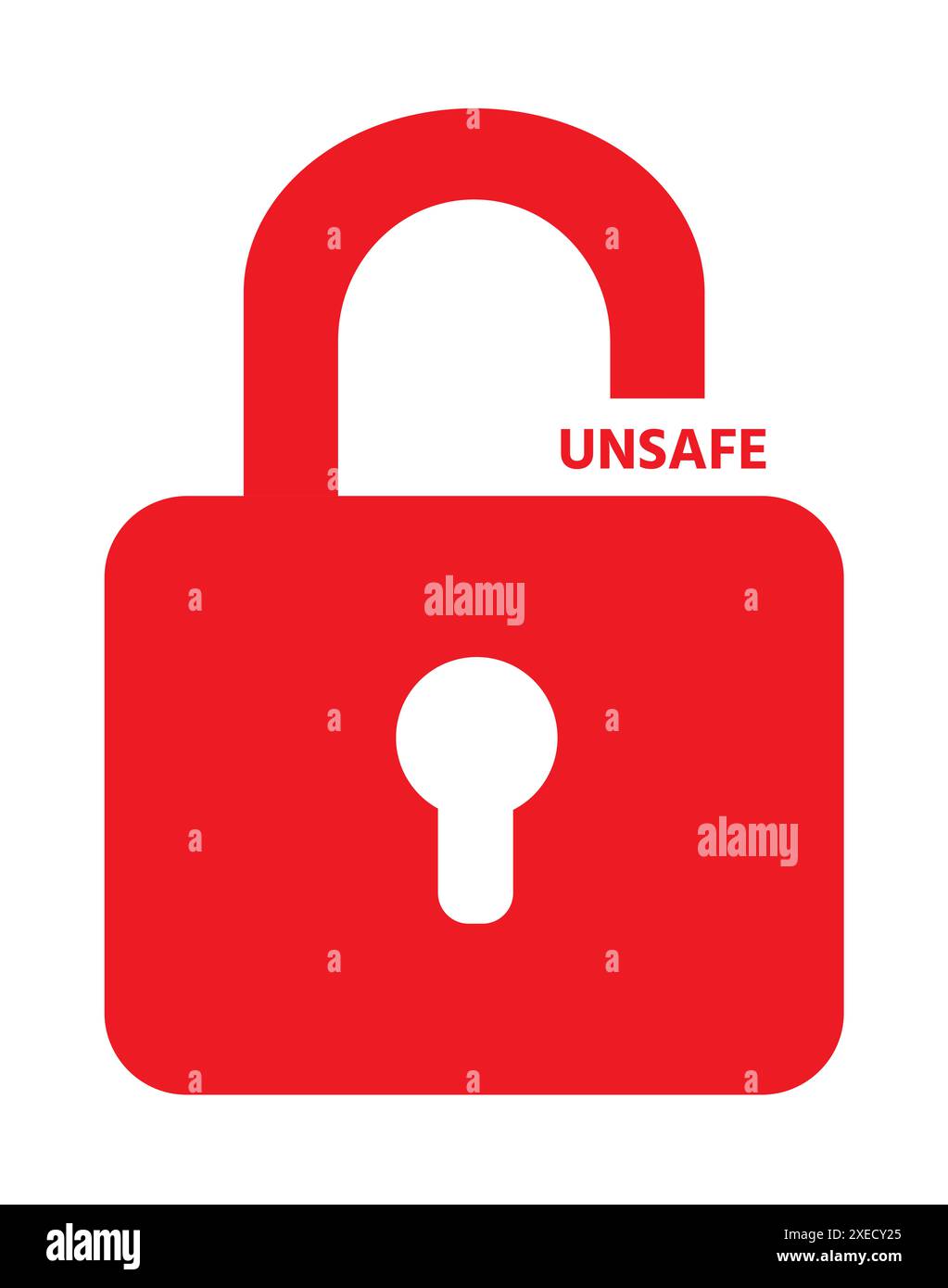 Isolated illustration of red padlock with logo Unsafe. Cybersecurity, protection of personal data on the Internet Stock Photo