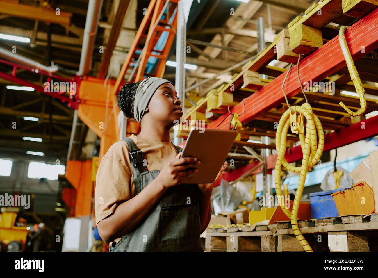 Low angle view of young African American female factory worker holding digital tablet doing inventory, copy space Stock Photo