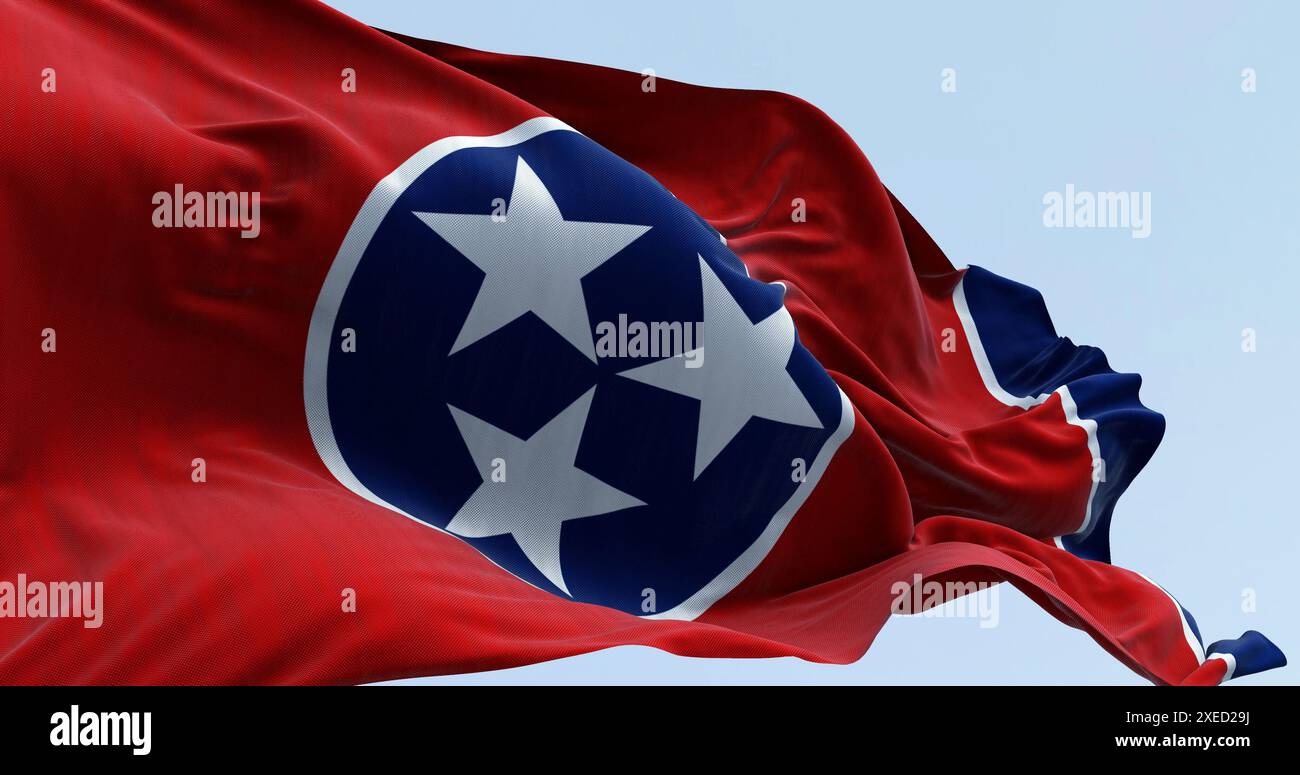 Close-up of the Tennessee state flag waving. Red field with a blue circle in the center containing three white stars. US state f Stock Photo