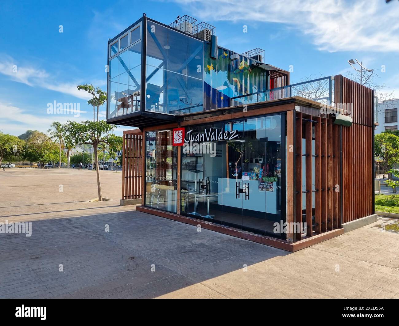 Colombia, Santa Marta, wood and glass building used as a coffee shop ...