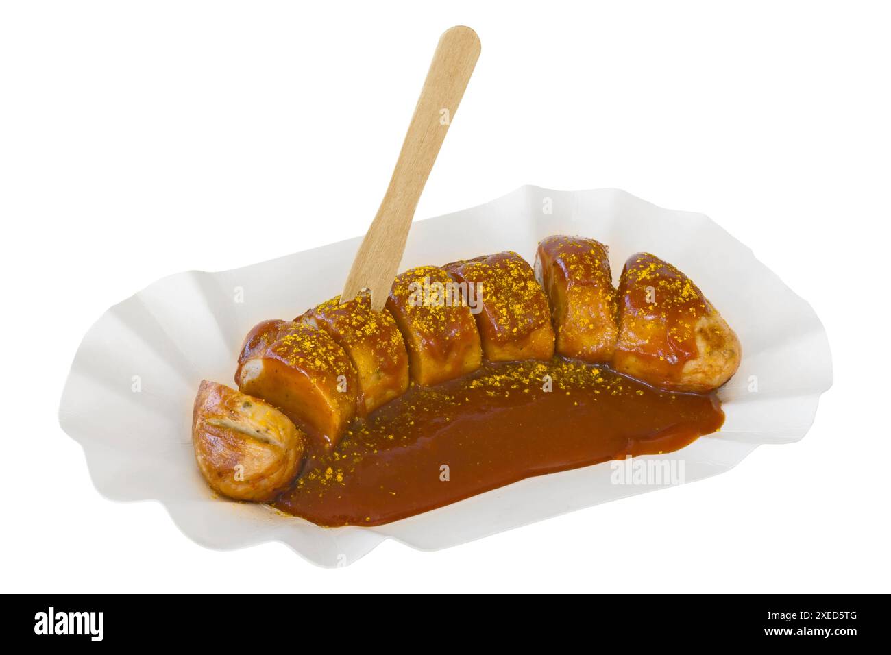 Currywurst on a cardboard tray, isolated Stock Photo