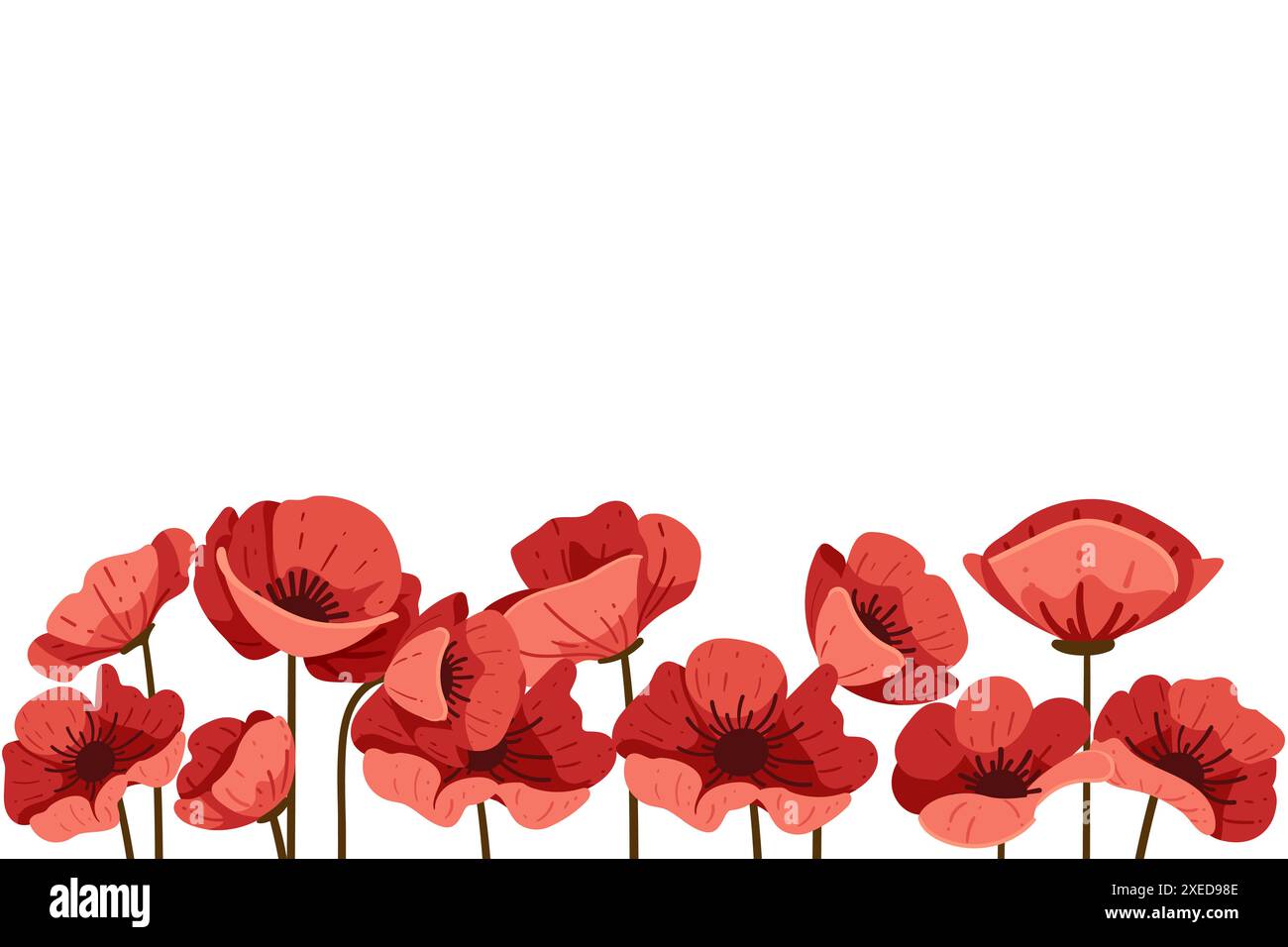 Red poppy flower in a row simple design vector illustration isolated on white background. Stock Vector