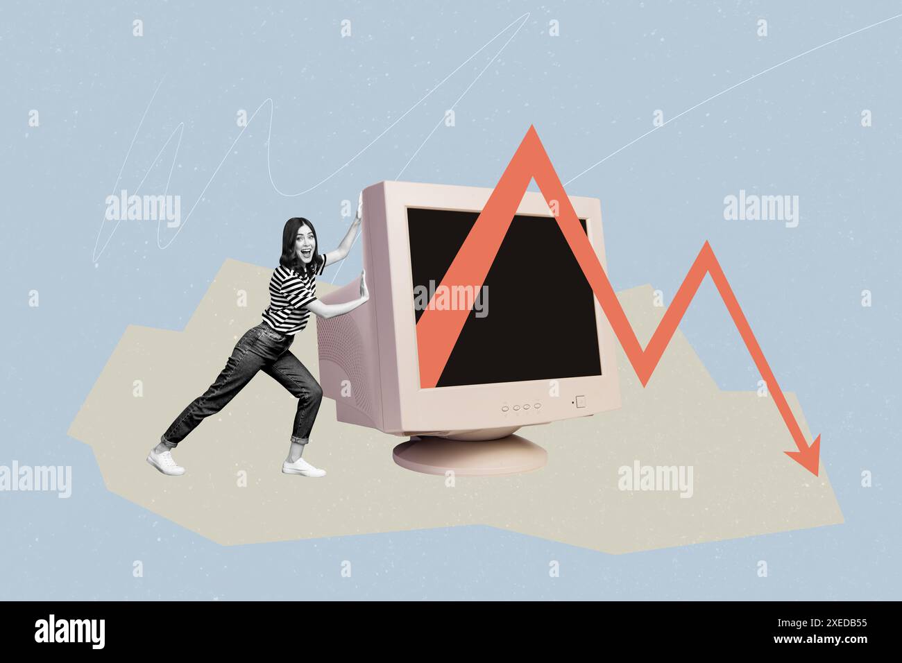 Creative collage picture young girl push computer monitor screen charts ...