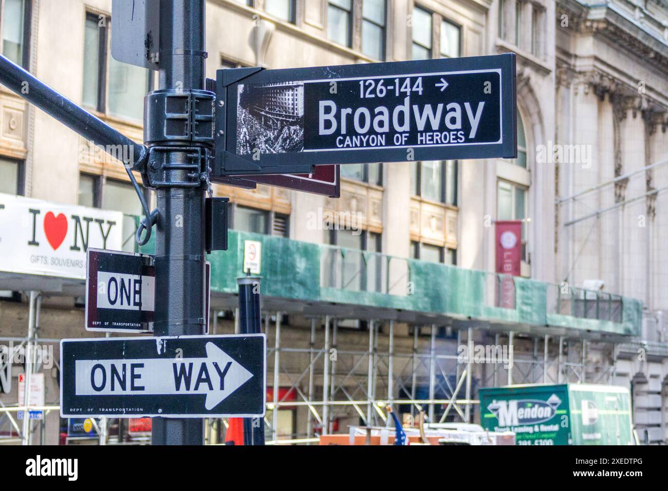 NEW YORK, NEW YORK - MAY 16, 2019: Broadway street sign in New York City. Broadway is known for its musicals, theaters and shows Stock Photo