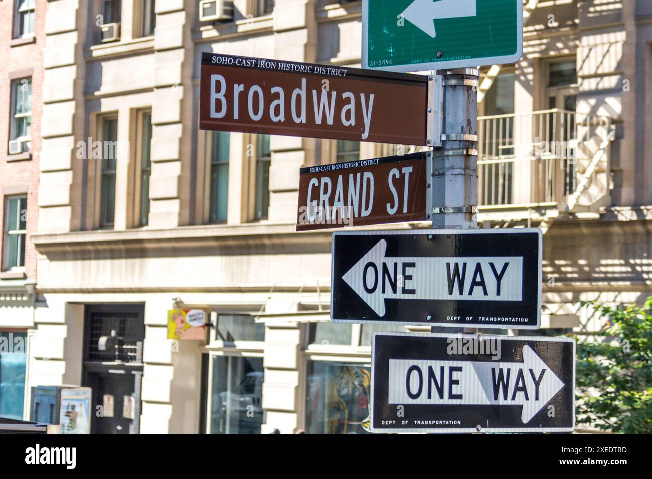 NEW YORK, NEW YORK - MAY 16, 2019: Broadway street sign in New York City. Broadway is known for its musicals, theaters and shows Stock Photo