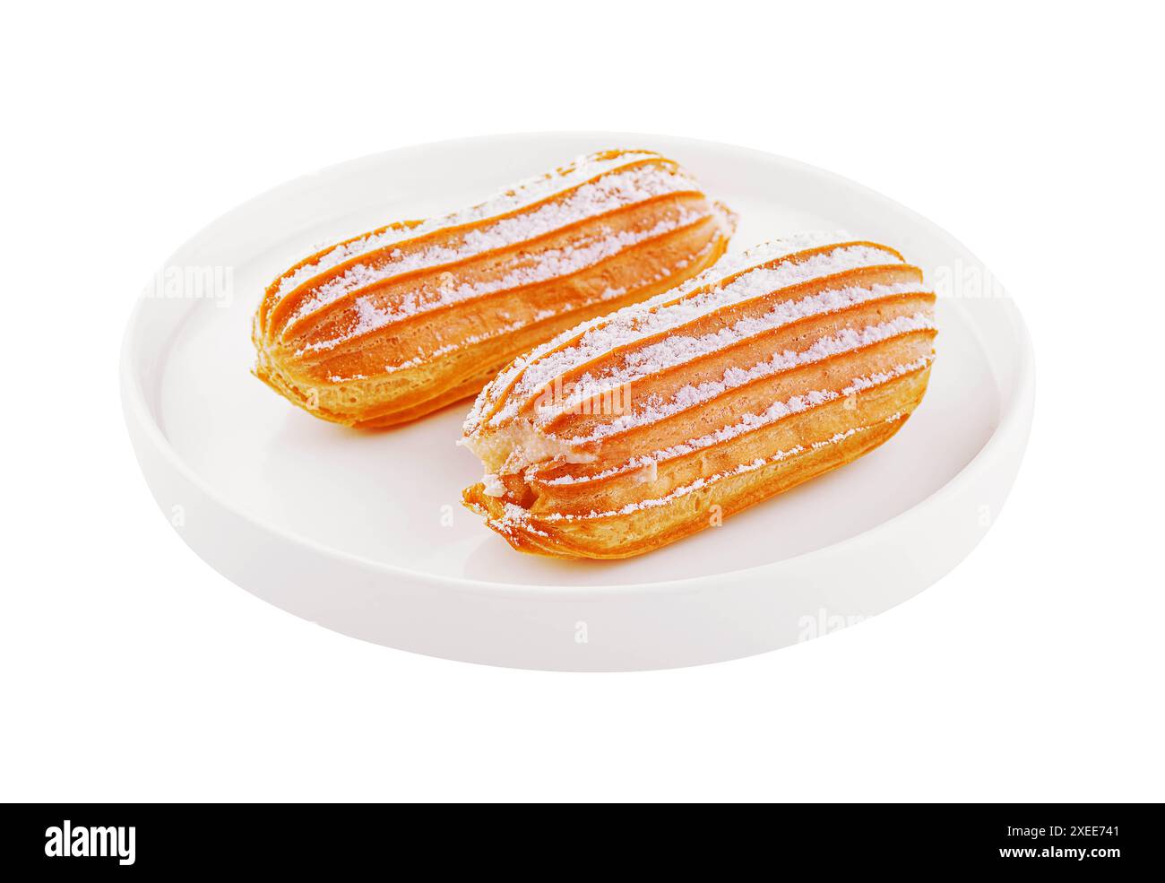 two eclairs on white plate isolated Stock Photo