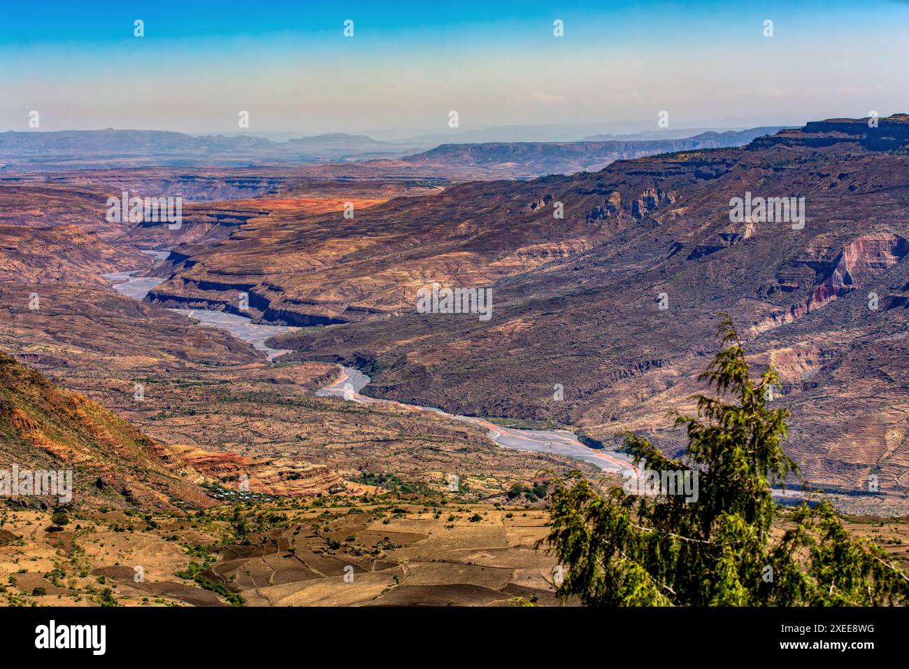 Beautiful mountain landscape with canyon and dry river bed, Oromia Region. Ethiopia wilderness landscape, Africa. Stock Photo