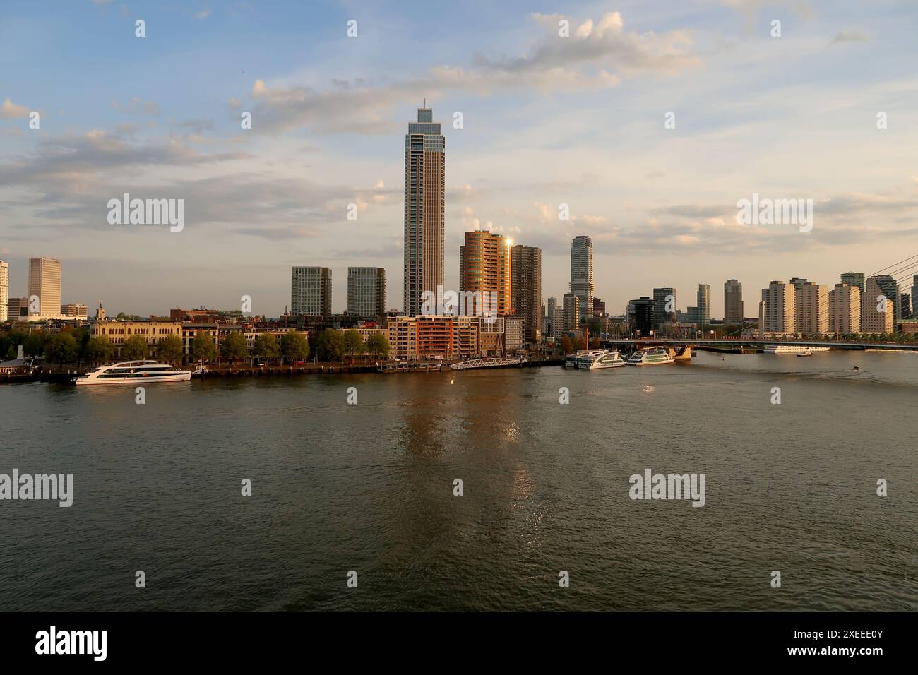 Early morning sunlight over the Nieue Meuse river in the centre of Rotterdam. Stock Photo