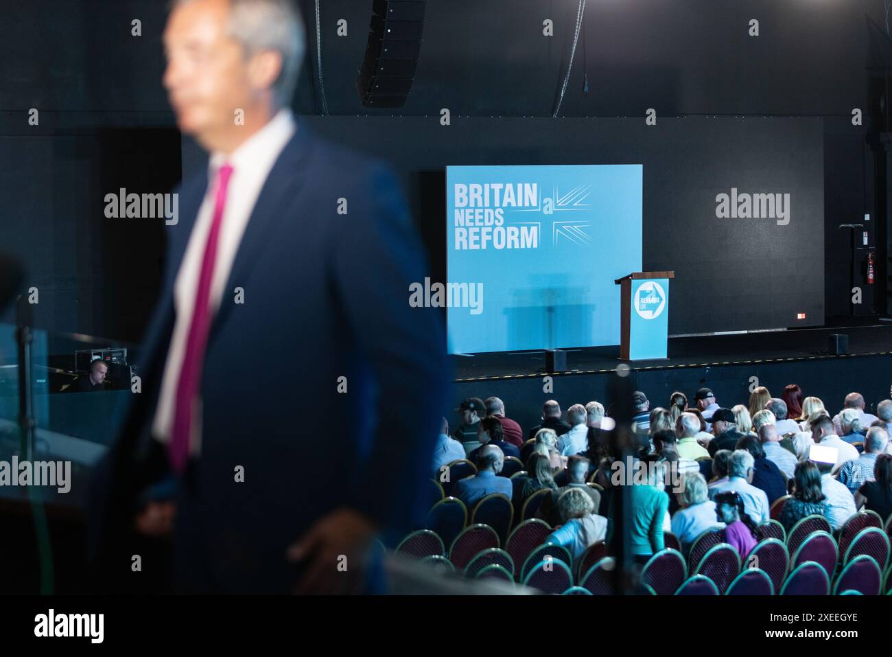 27th June, Nigel Farage leader of Reform UK addresses the media and holds rally at Rainton Arena, Houghton-le-Spring. Former Newcastle United owner Sir John Hall is in attendance. Photo credit Jill ODonnell/Alamy Live News Stock Photo