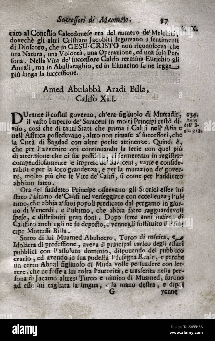 'Mappamondo Istorico'. Volume VI. Part I. It comprises the life of the Mohammedan caliphs and the Ottoman emperors, from 571 to 1566. al-Mahdi Billah (Abd Allah al-Mahdi Billah) (873-934). Imam-Caliph (909-934). By Father Antonio Foresti (1625-1692), of the Society of Jesus. Venice and Parma, 1710. Author: Antonio Foresti (1625-1692). Italian Jesuit and historian. Stock Photo