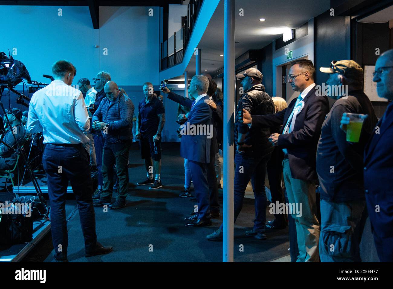 27th June, Nigel Farage leader of Reform UK addresses the media and holds rally at Rainton Arena, Houghton-le-Spring. Former Newcastle United owner Sir John Hall is in attendance. Photo credit Jill ODonnell/Alamy Live News Stock Photo