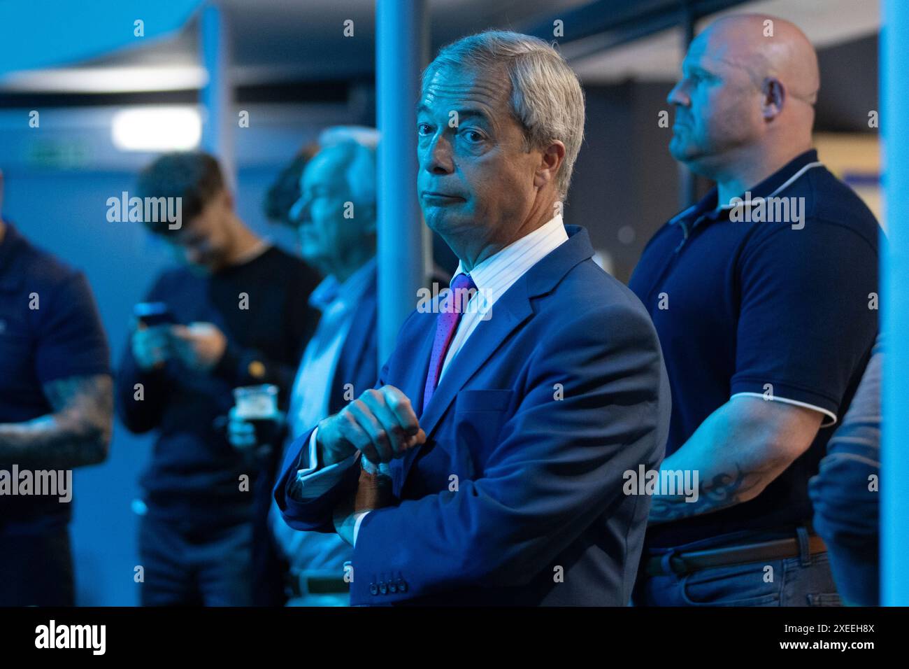 27th June, Nigel Farage leader of Reform UK addresses the media and holds rally at Rainton Arena, Houghton-le-Spring. Former Newcastle United owner Sir John Hall is in attendance. Photo credit Jill ODonnell/Alamy Live News Stock Photo