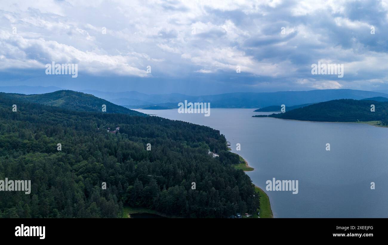 Aerial view serene misty lake hi-res stock photography and images - Alamy