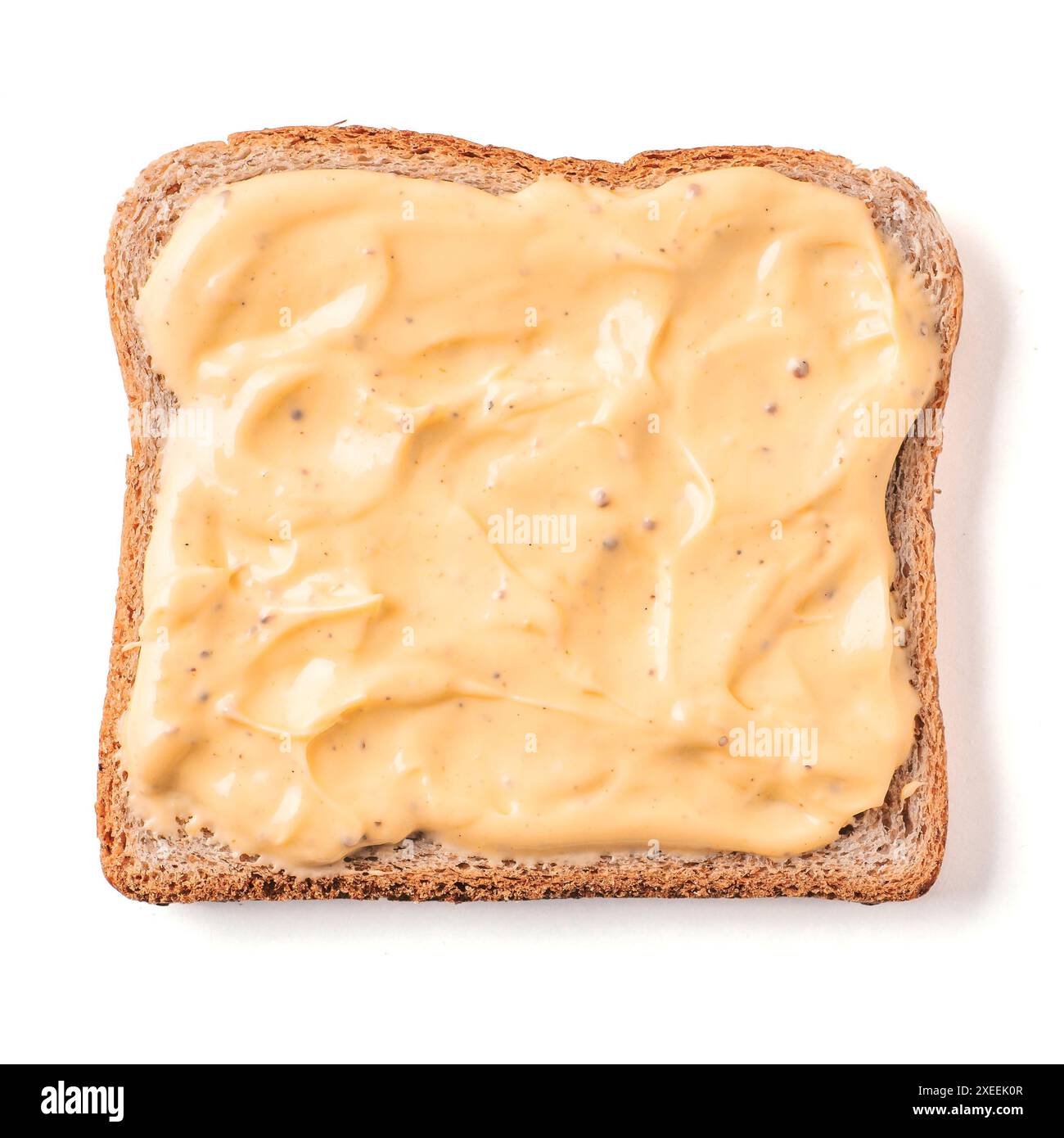 Bread slice with mustard sauce isolated on white Stock Photo
