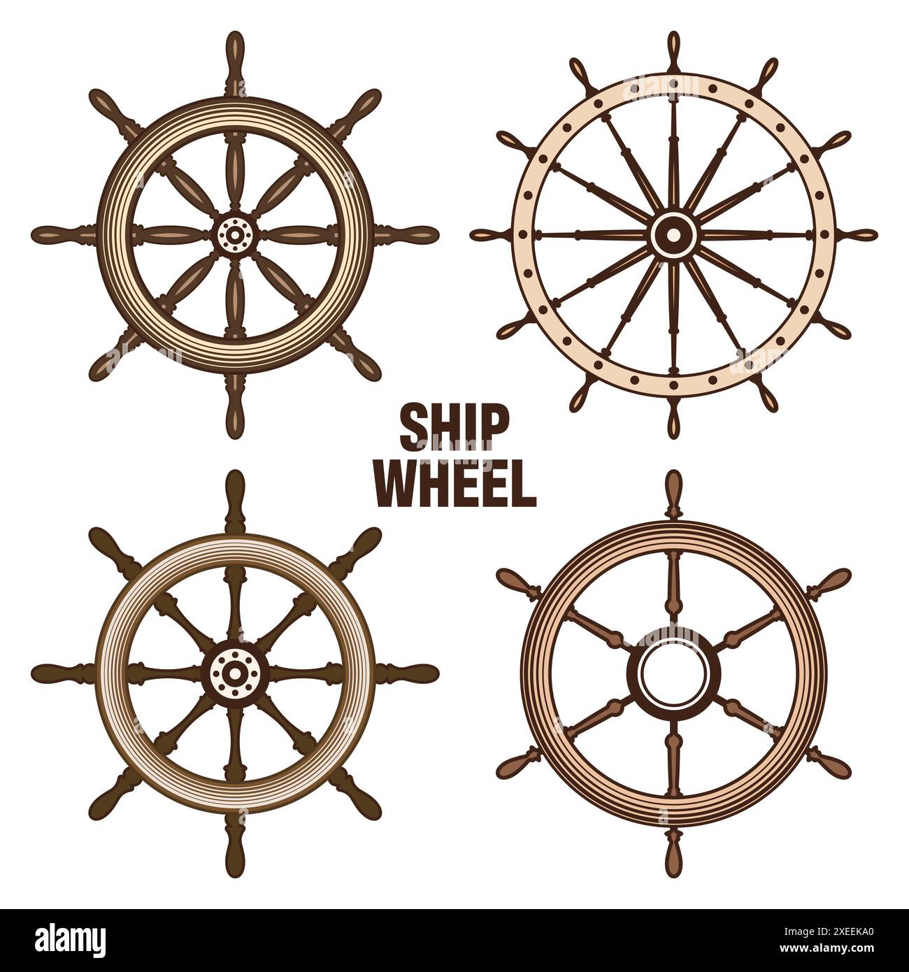 Wooden vintage steering wheels. Ship, sailboat or yacht retro wheel ...
