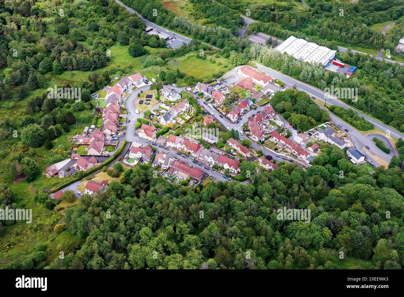 Aerial view of small roads, trees and homes in the Welsh Valleys town of Ebbw Vale Stock Photo