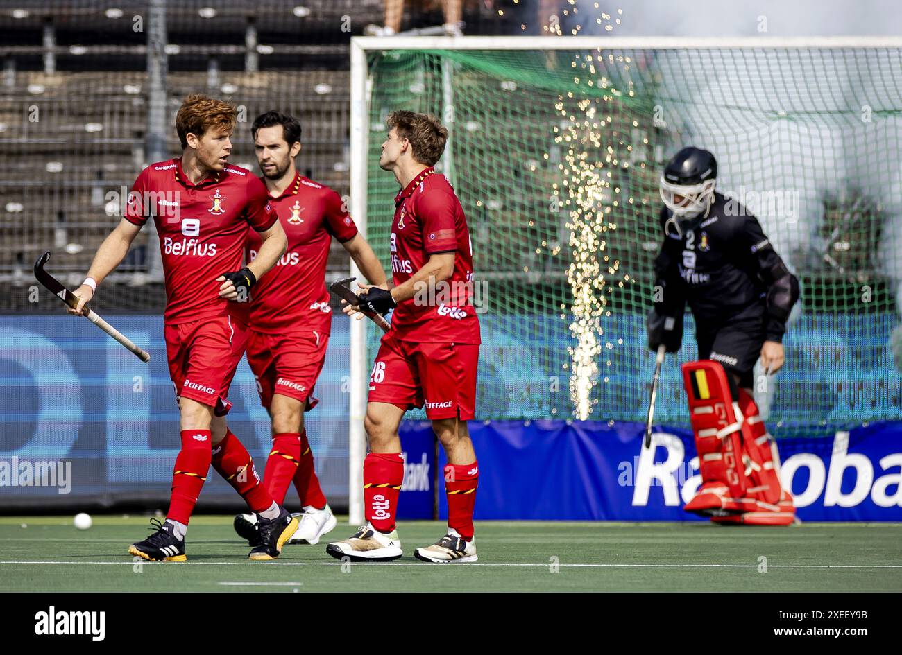 AMSTELVEEN - Gauthier Boccard, Loick Luypaert and Victor Wegnez (from left) of Belgium are disappointed after the 1-0 defeat by Great Britain during the FIH Pro League men's hockey group match in the Wagener Stadium. ANP ROBIN VAN LONKHUIJSEN Stock Photo