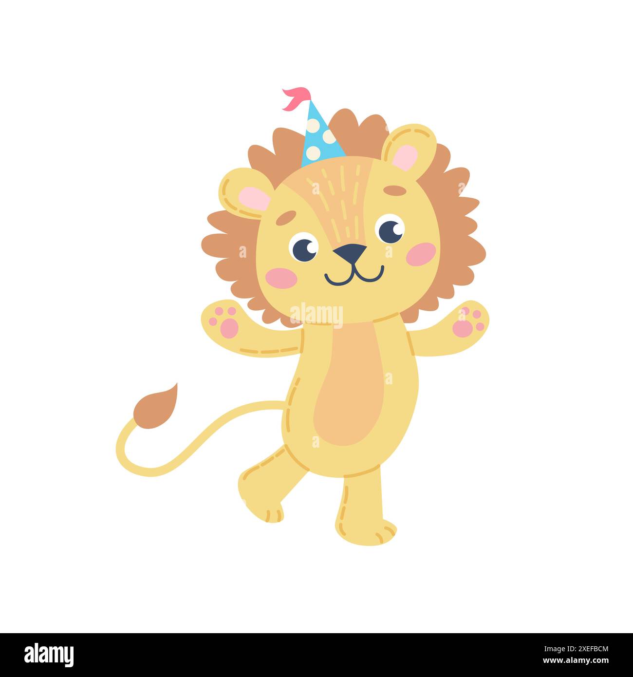 Cute lion for children wearing a party hat. Birthday greetings. Vector ...