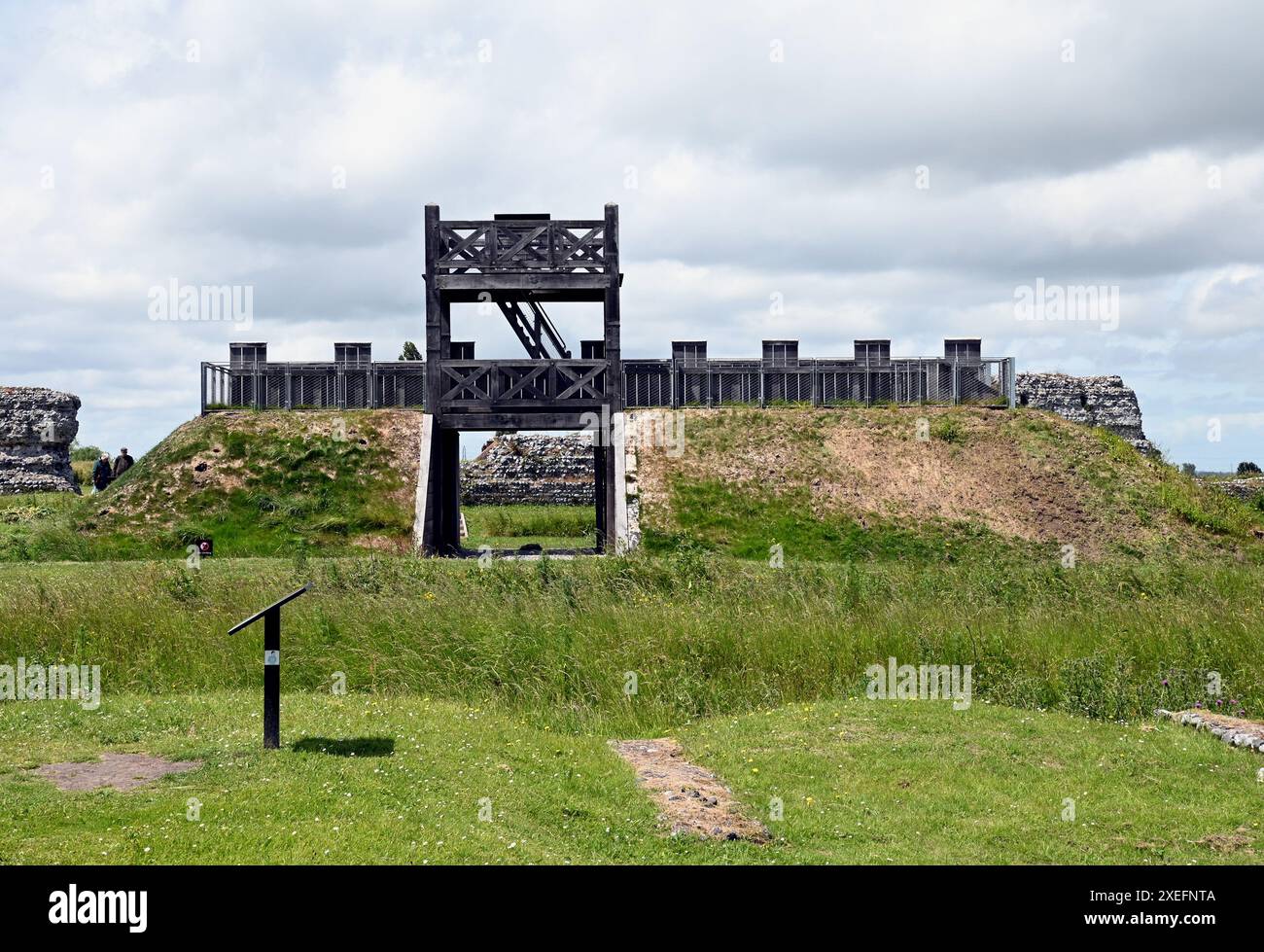 The reconstruction of the main gateway at Richborough Roman Fort.  The model is the same size as the original and stands in exactly the same spot. Stock Photo