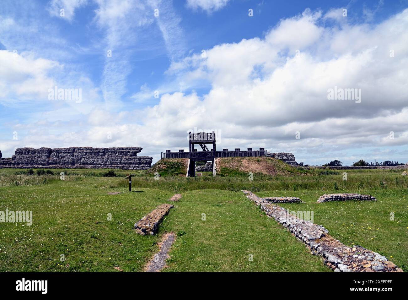 The reconstruction of the main gateway at Richborough Roman Fort.  The model is the same size as the original and stands in exactly the same spot. Stock Photo