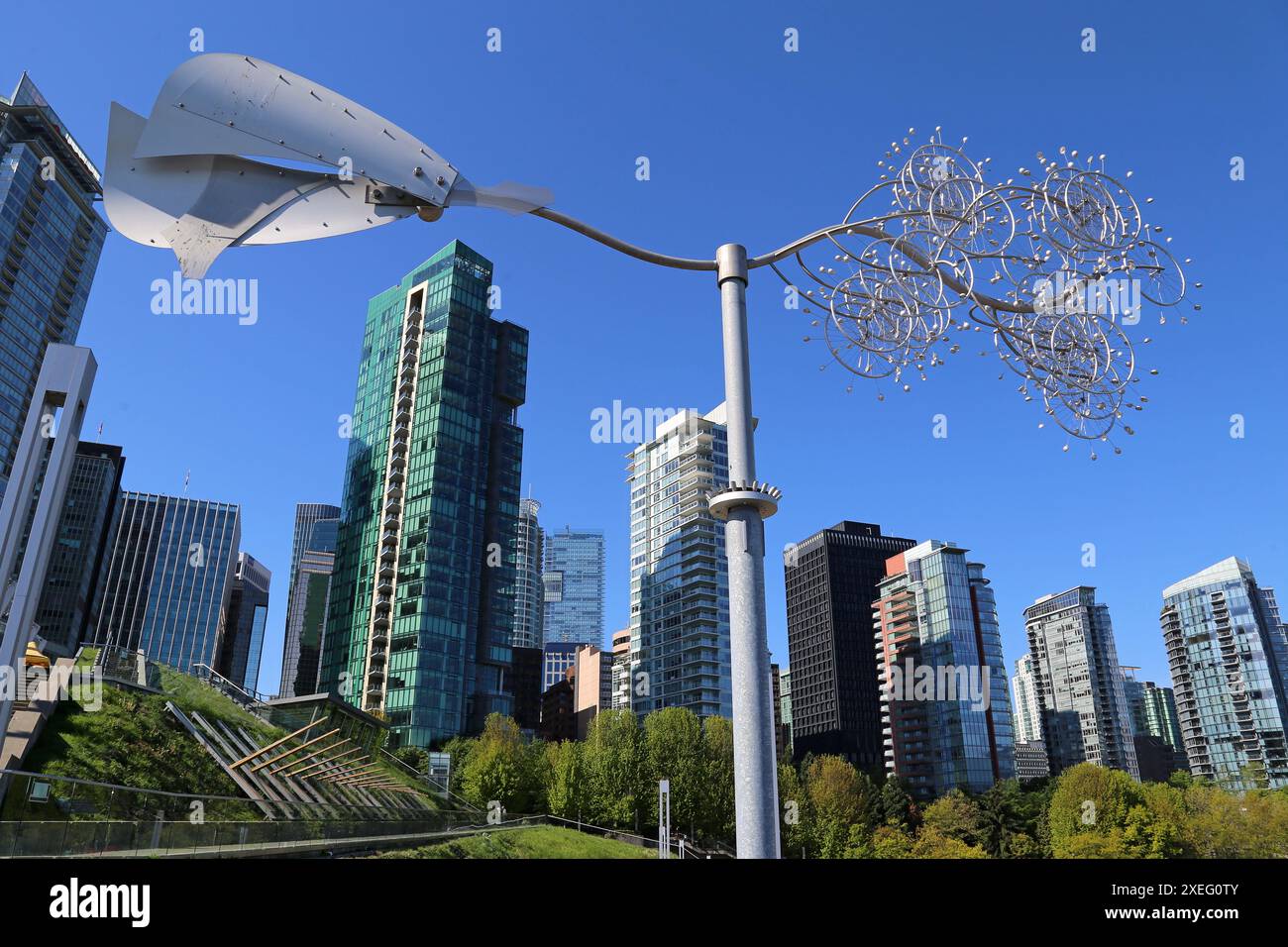 'Wind Wheel Mobile' (Doug Taylor, 2022, metal), Waterfront, Coal Harbour, Vancouver, British Columbia, Canada, North America Stock Photo