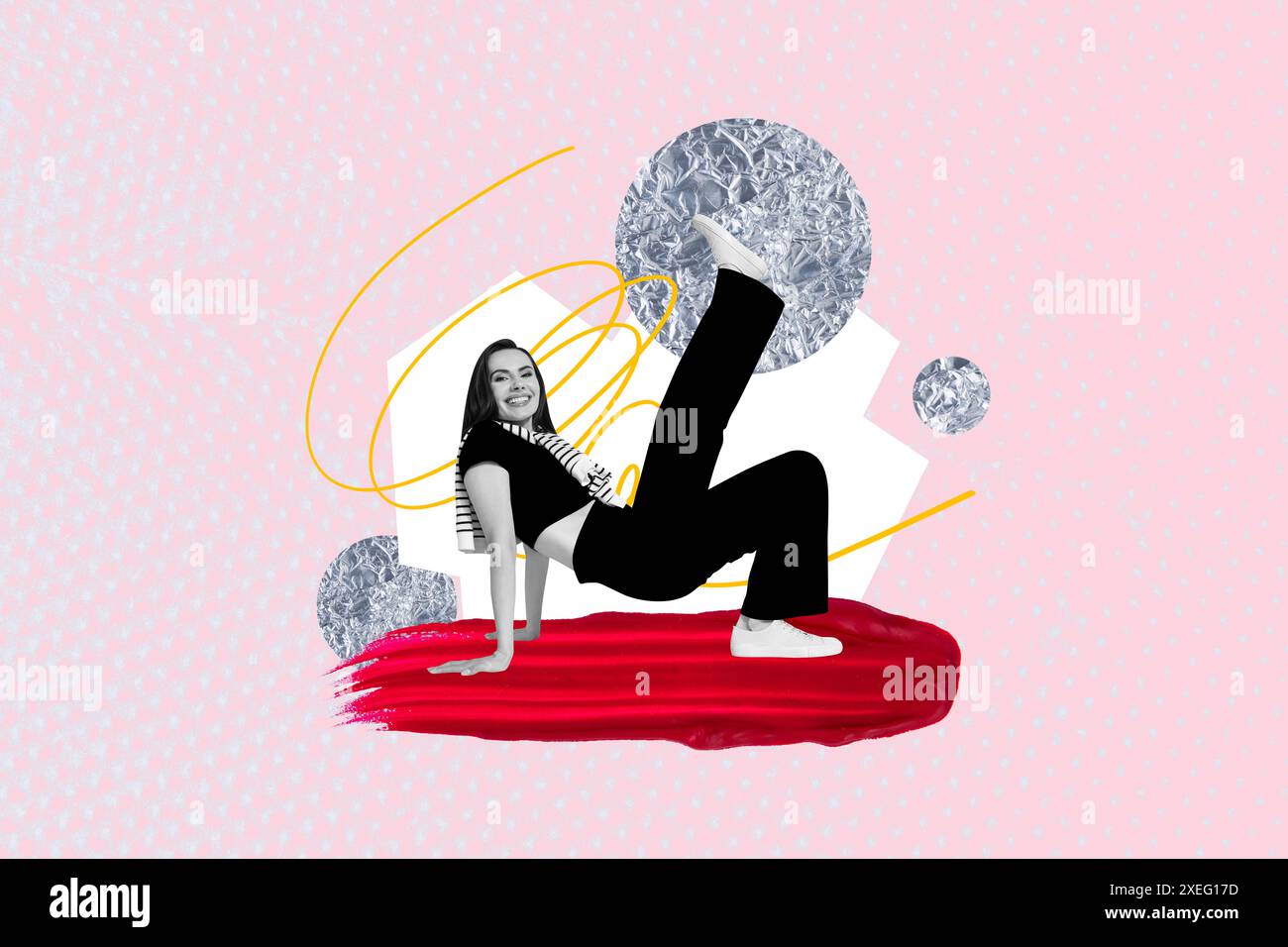 Composite trend artwork 3D sketch image collage of carefree party occasion young woman smile attractive breakdance funky moving dance fun Stock Photo