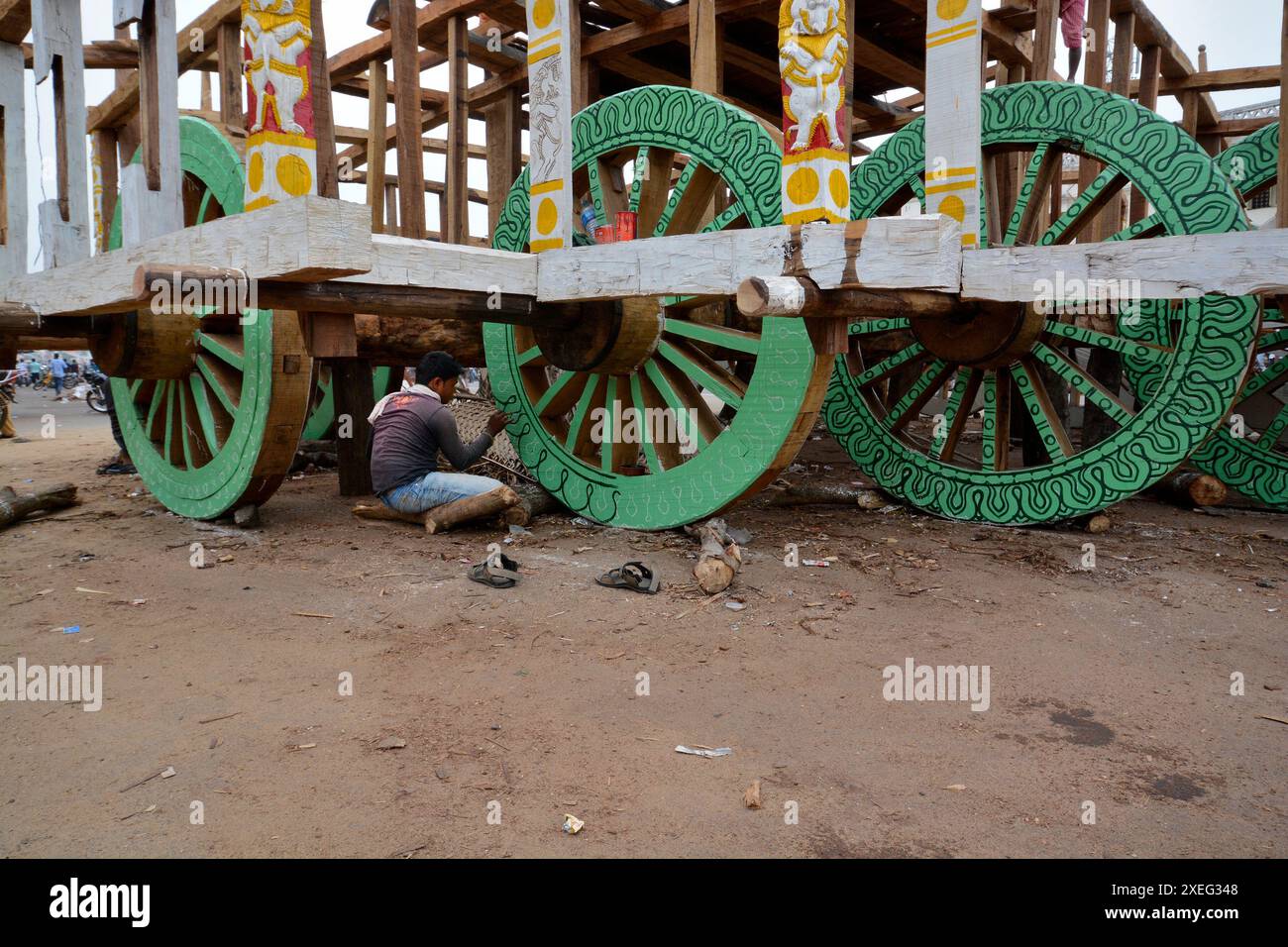 image of ratha making process with various activities like painting, carpentry etc at puri odisha. Stock Photo