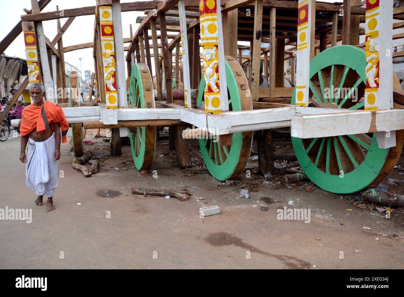 image of ratha making process with various activities like painting, carpentry etc at puri odisha. Stock Photo