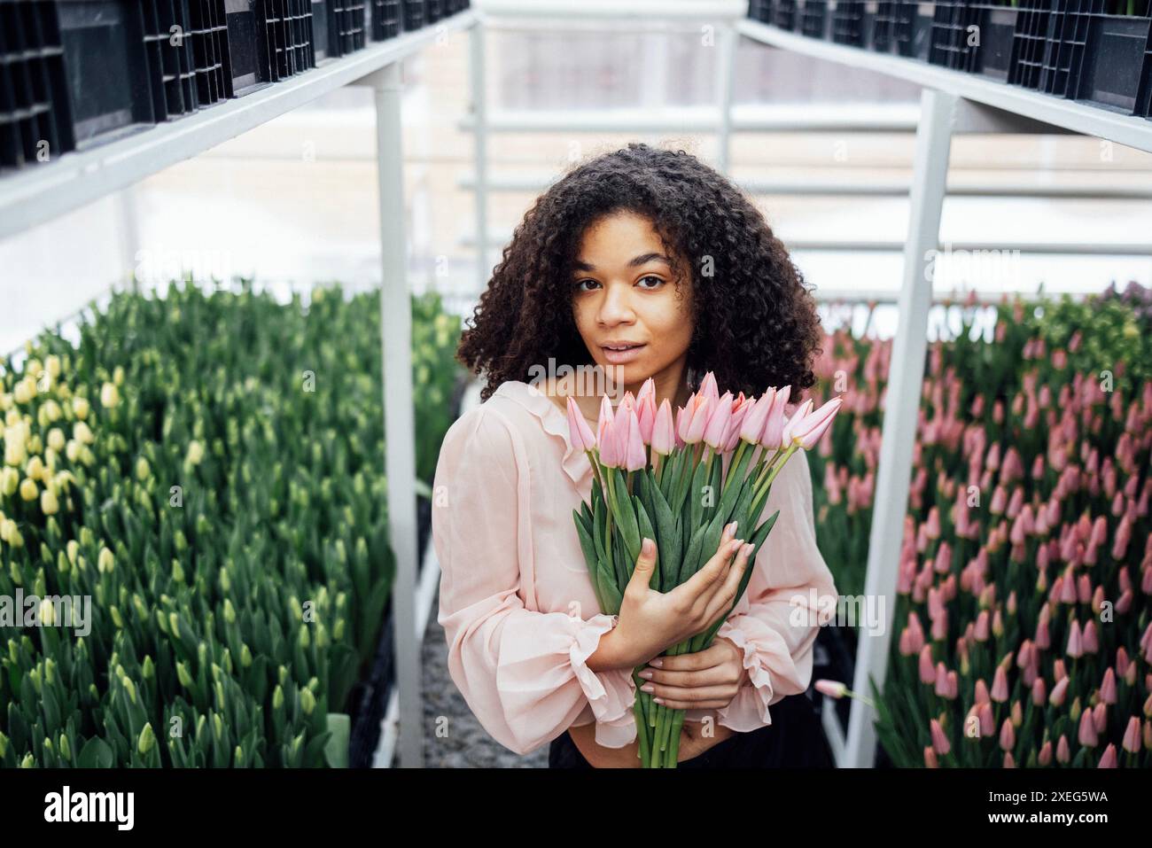 Young beautiful romantic african girl with bouquet of gently pink color tulips in her hands in winter garden. Stock Photo