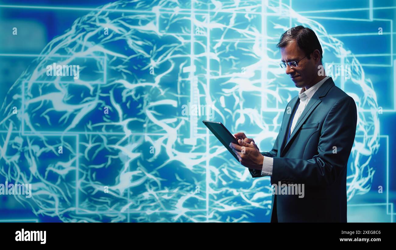 IT specialist coding on tablet, programming artificial intelligence computing simulating human brain. Programmer using technology gear to build AI machine learning algorithms, camera B Stock Photo
