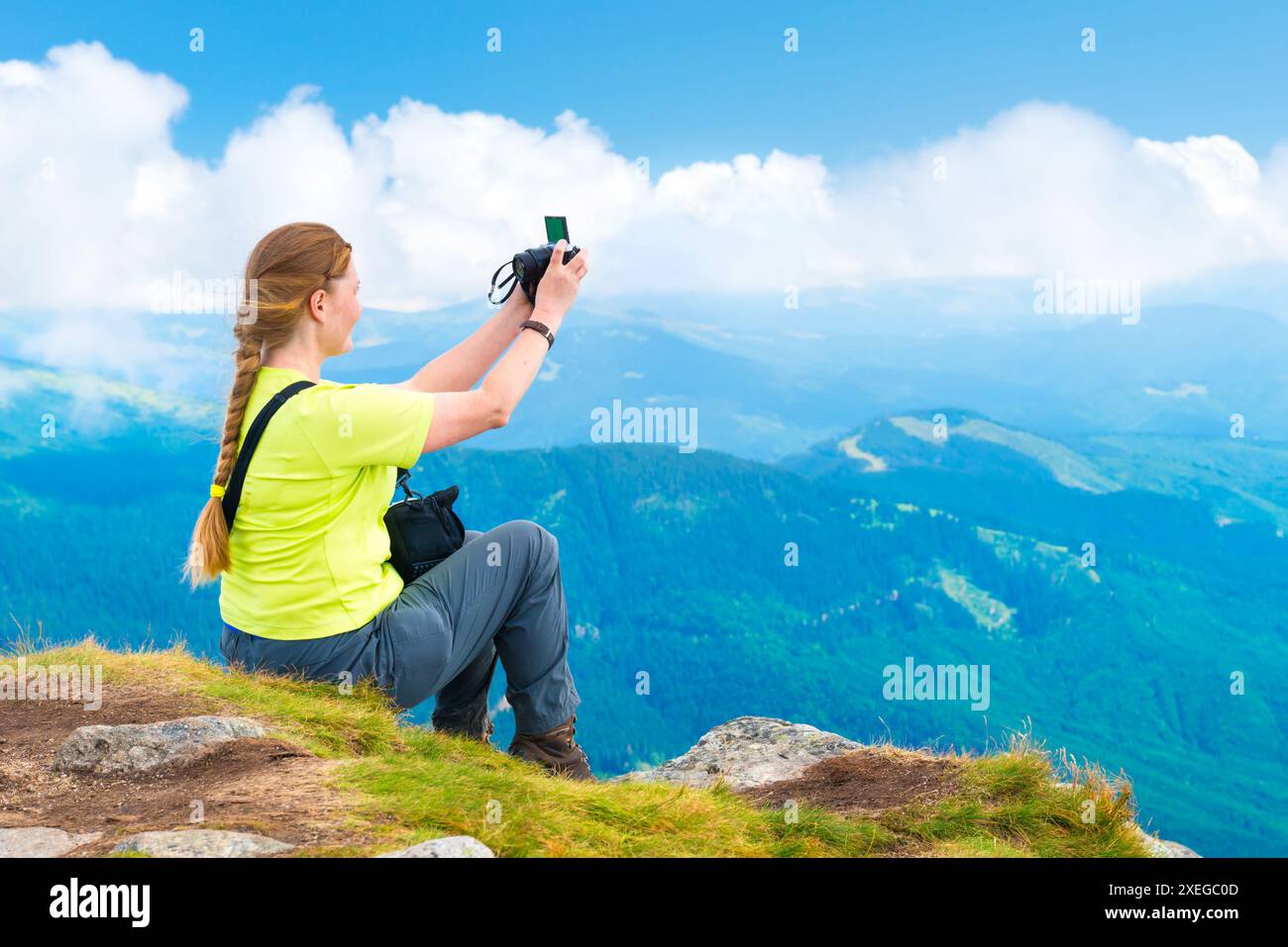 Hiker woman taking smart hi-res stock photography and images - Alamy