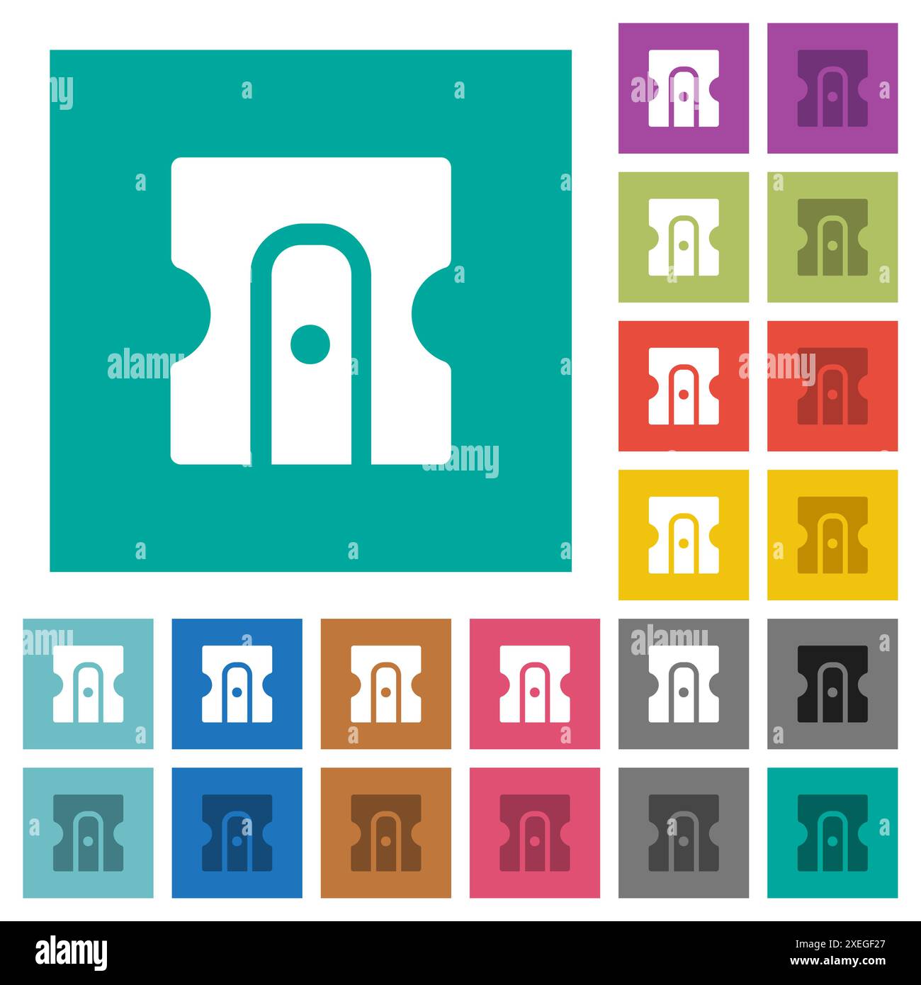 Pencil sharpener solid multi colored flat icons on plain square backgrounds. Included white and darker icon variations for hover or active effects. Stock Vector