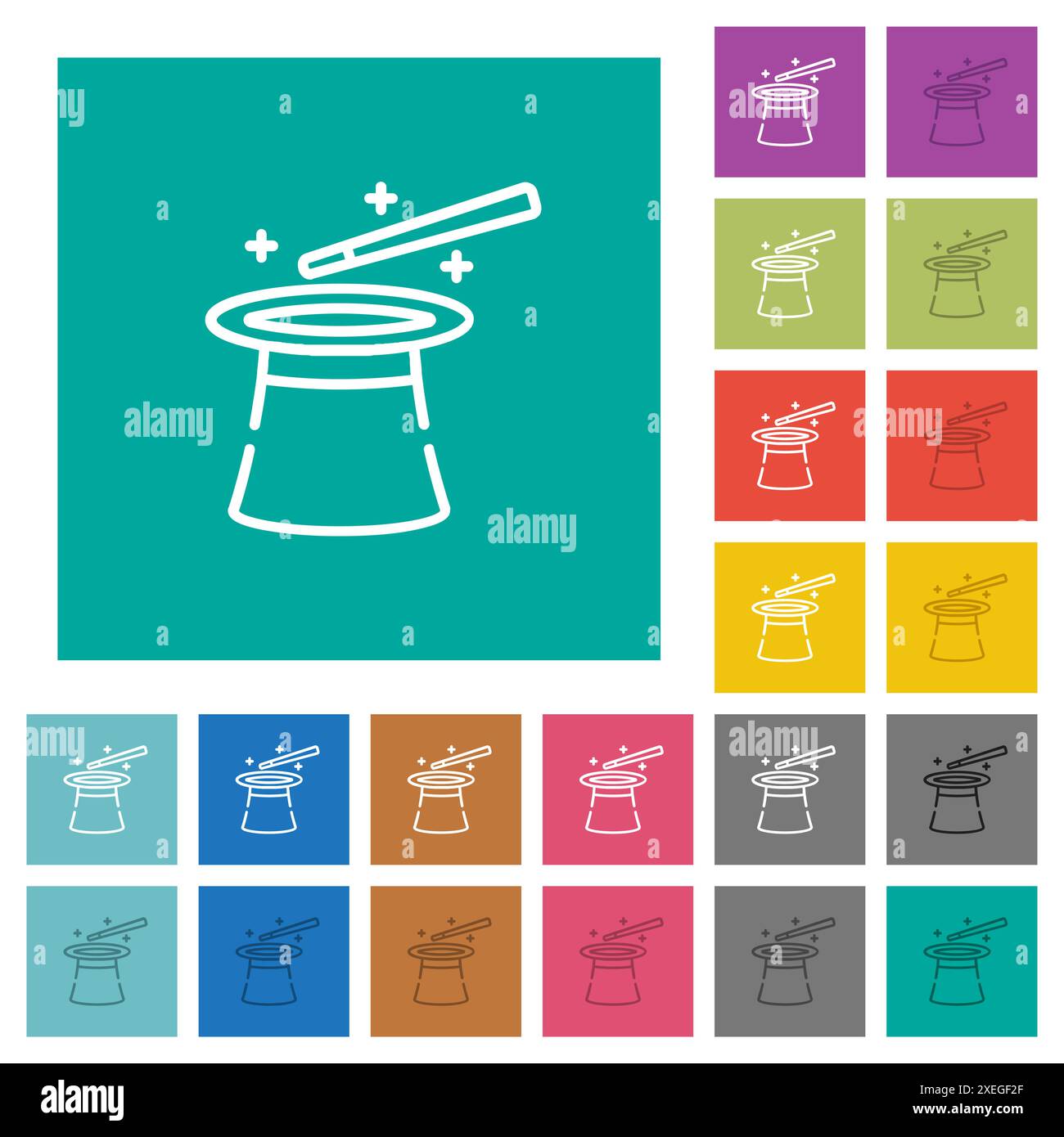 Magic hat and wand outline multi colored flat icons on plain square ...