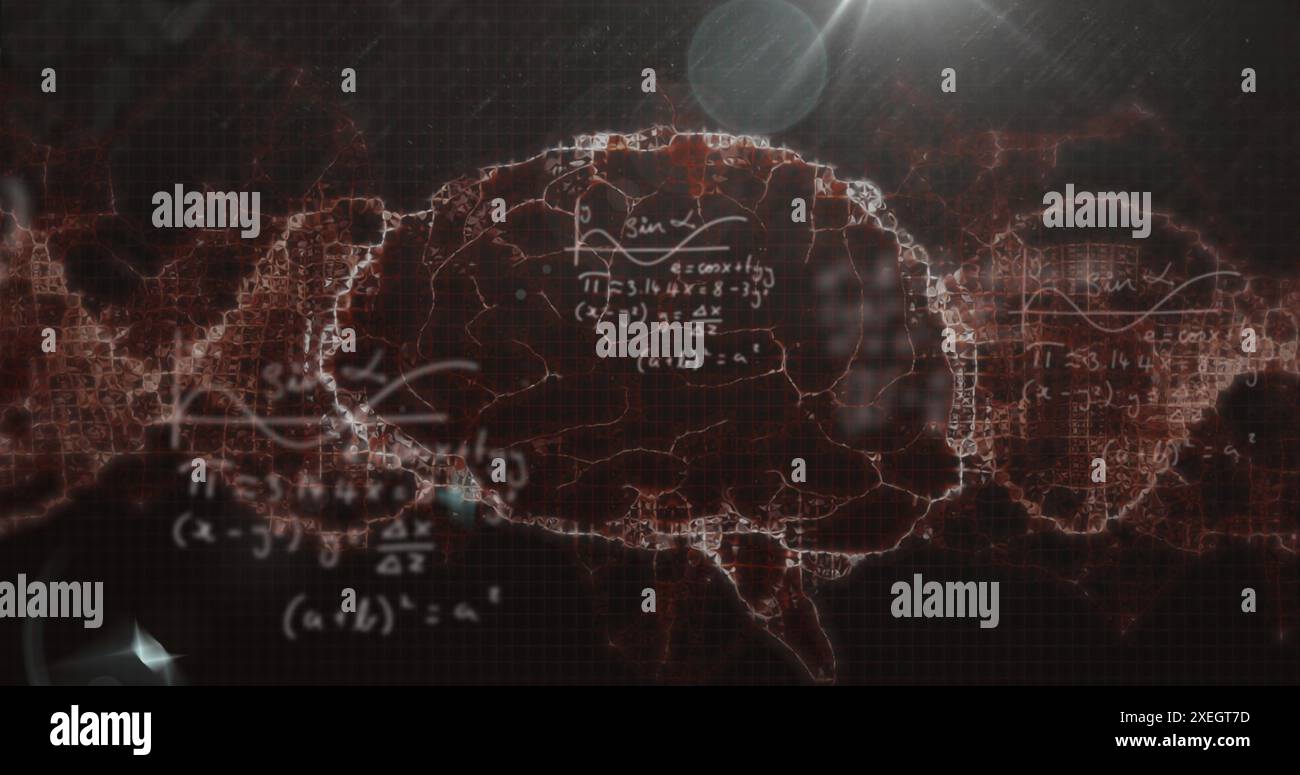 Image of mathematical equations, light spot and digital wave over ...