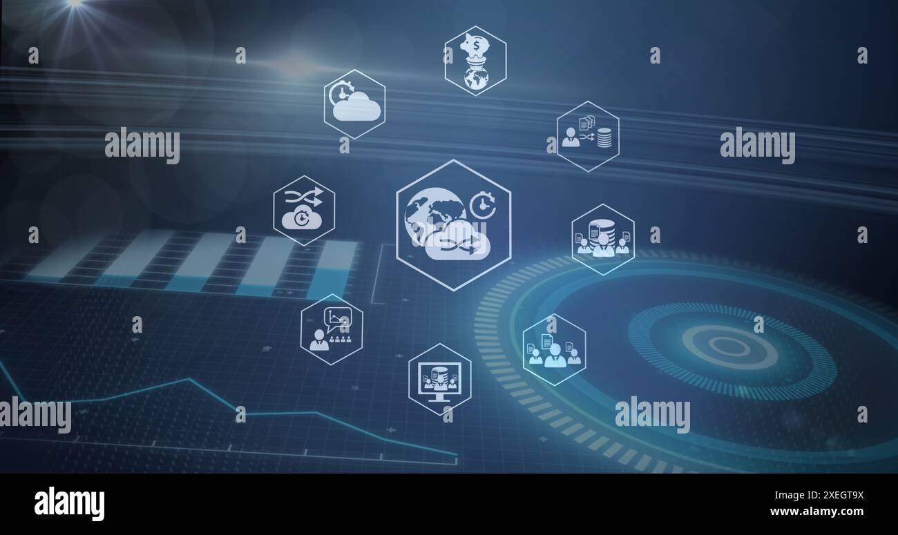 Image of data processing over icons and scope Stock Photo