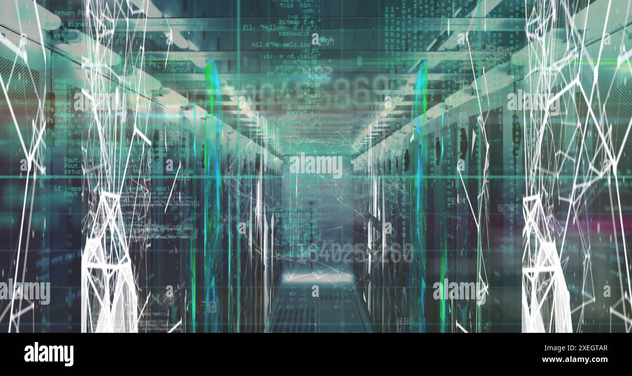 Image of changing numbers and data processing over plexus networks against server room Stock Photo