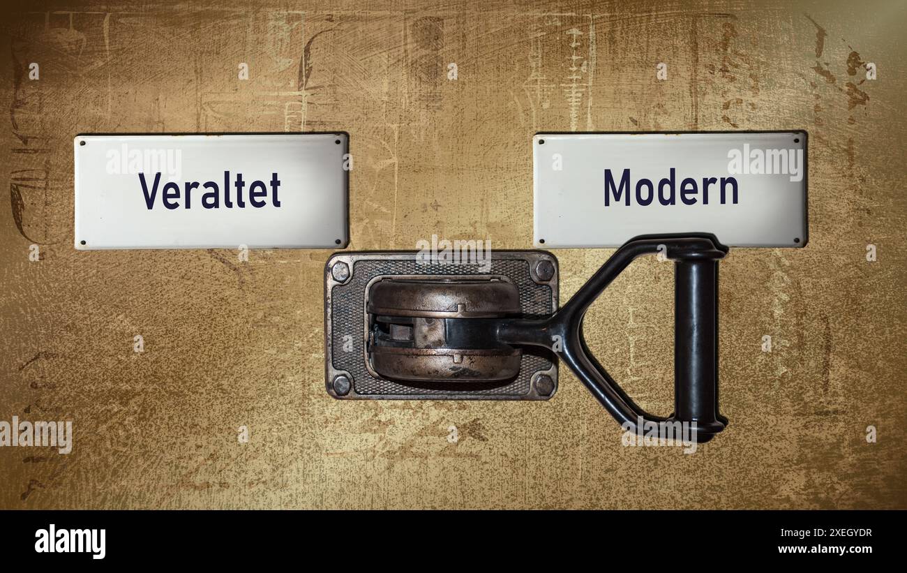Signposts the direct way to Modern versus outdated Stock Photo - Alamy