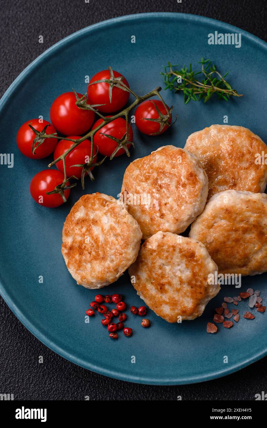 Fried meatballs of minced meat beef, pork or chicken with salt, spices and herbs Stock Photo