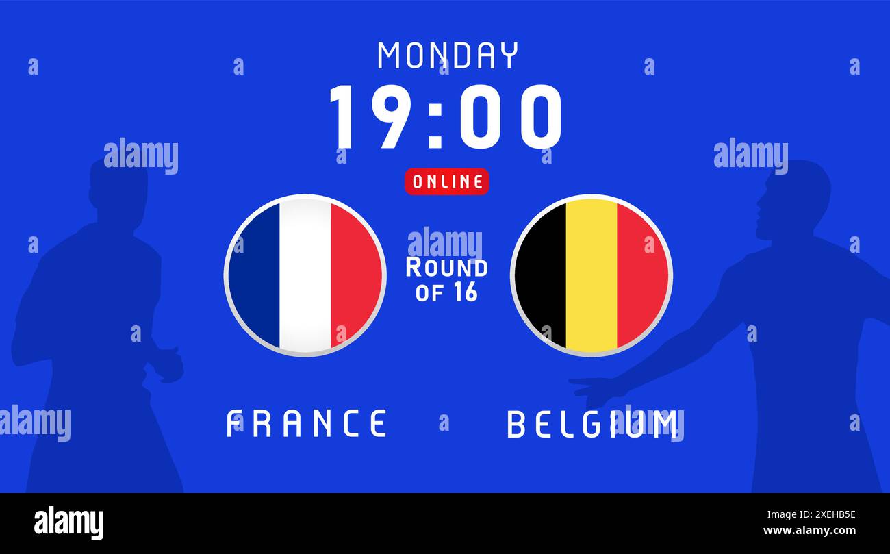 France vs Belgium, Round of 16, July 2024, flag emblems. Vector background with French and Belgian flags for football championship on TV broadcast Stock Vector