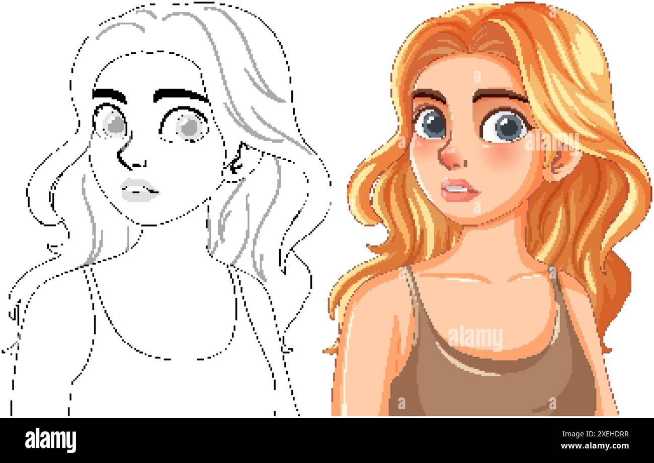 Vector Drawing Woman Colouring In Illustration of a woman in color and outline Stock Vector Image & Art ...