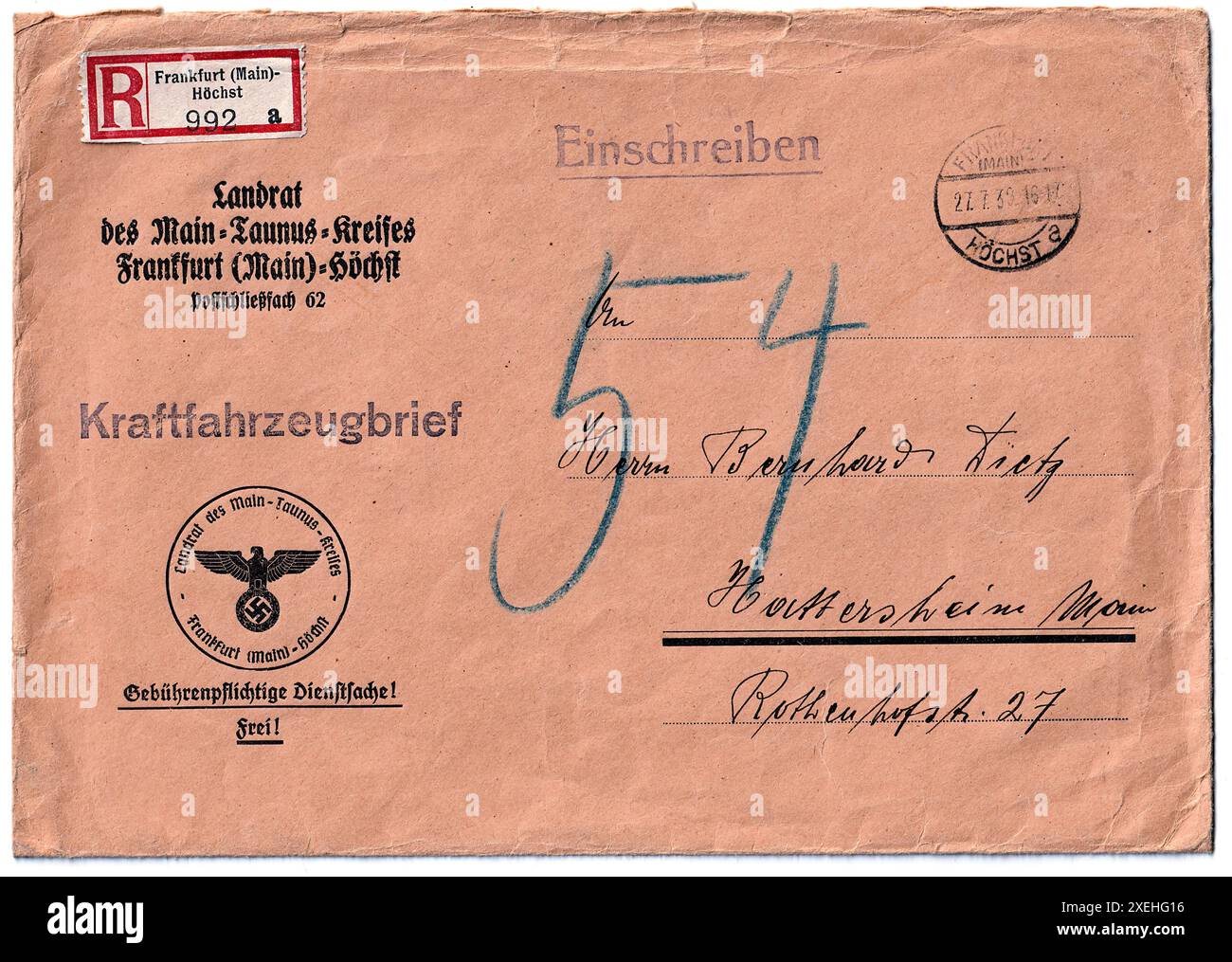 German Reich registered mail. Stock Photo