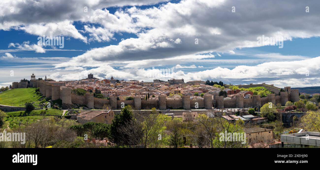 Panorama view of the medieval walled city of Avila on a beautiful spring day Stock Photo