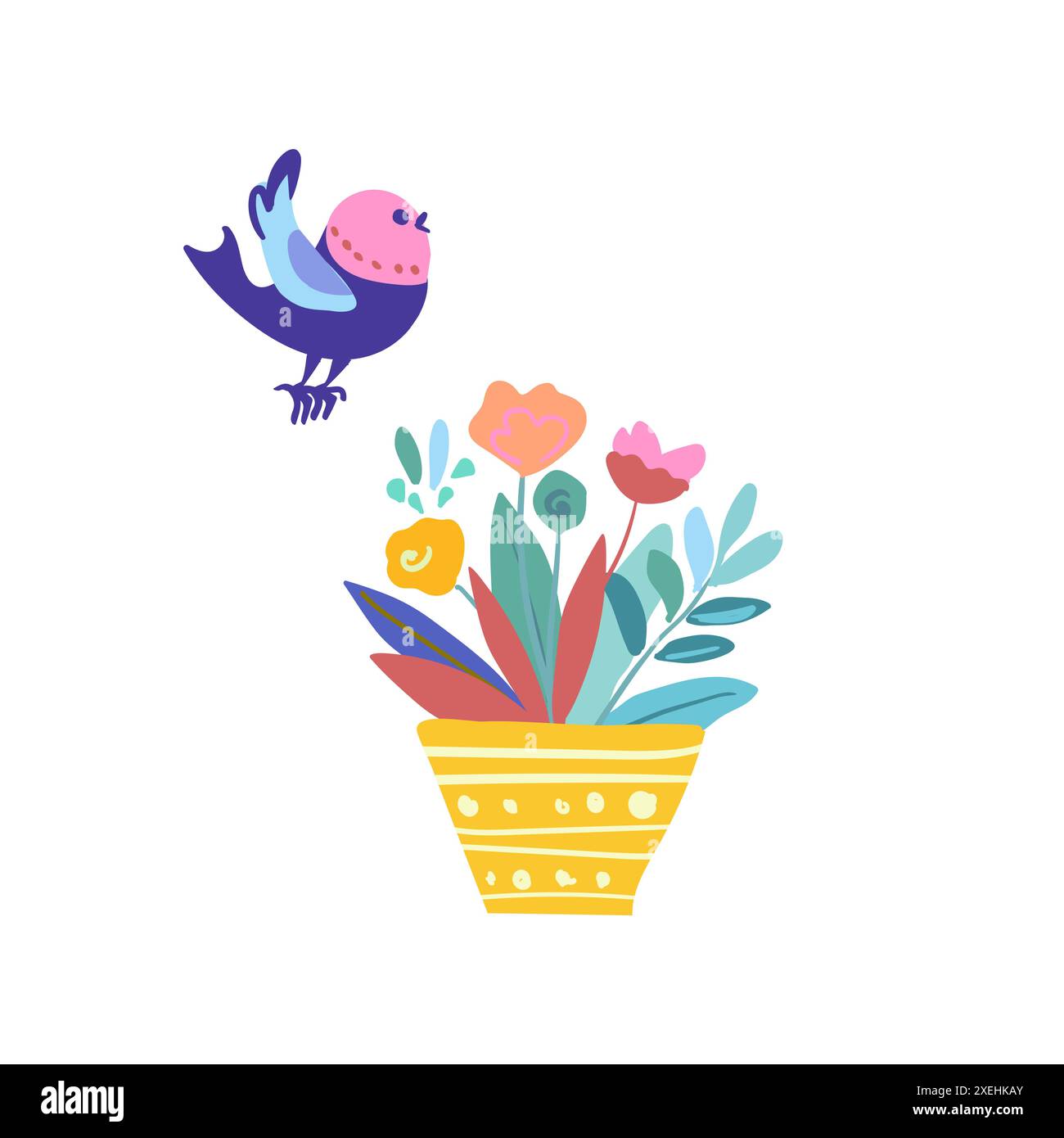 bird next to a colorful flower planted in a yellow pot, depicted in a  charming folk, image size:1300x1390