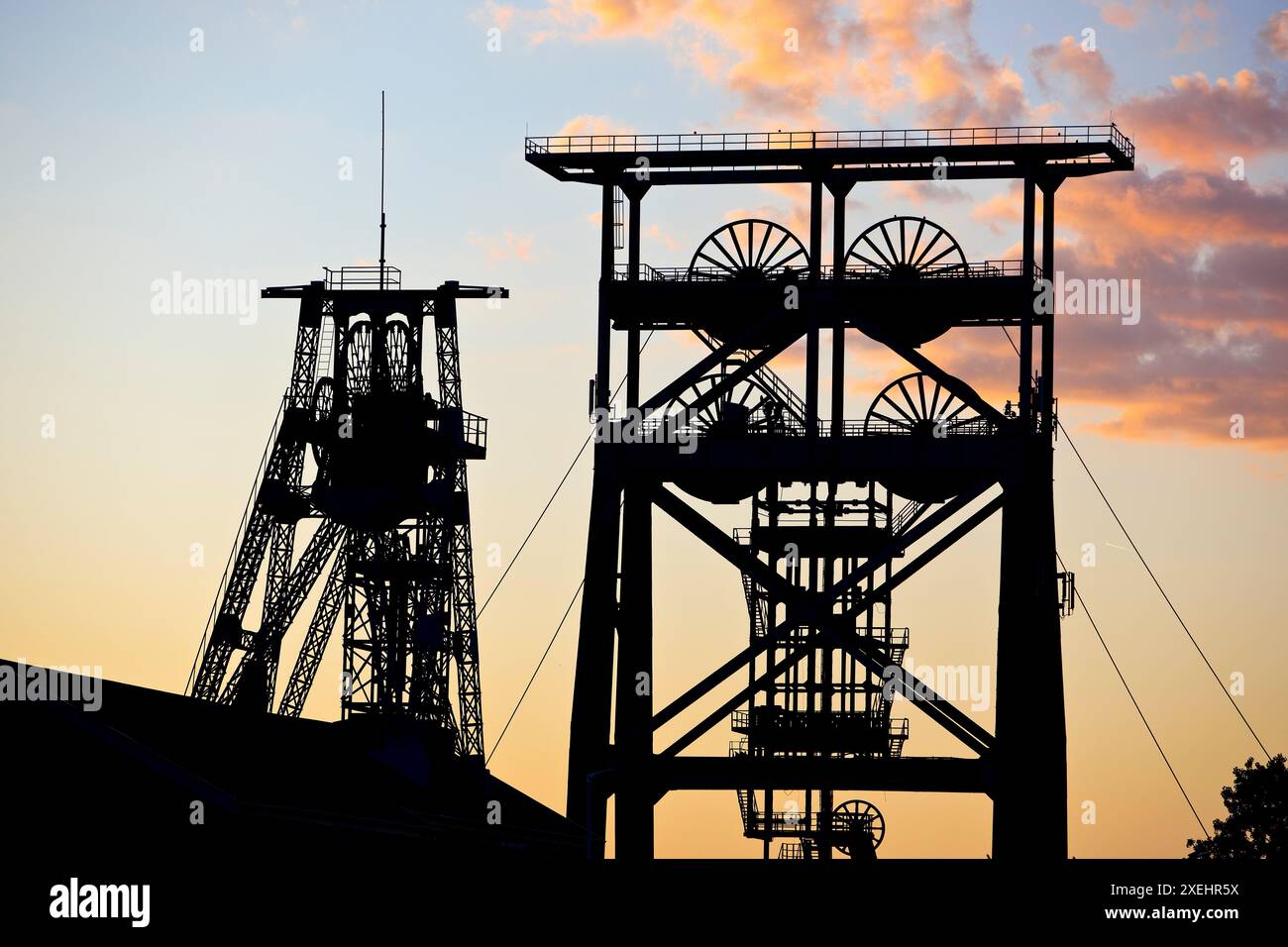 Conveyor towers in the early morning, Gneisenau district park, Dortmund, Ruhr area, Germany, Europe Stock Photo