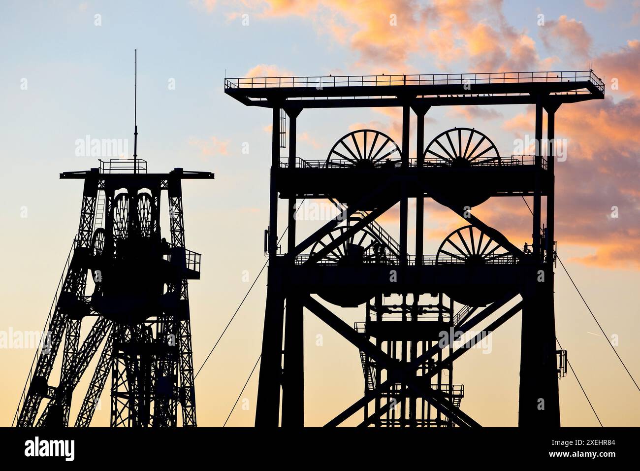 Conveyor towers in the early morning, Gneisenau district park, Dortmund, Ruhr area, Germany, Europe Stock Photo