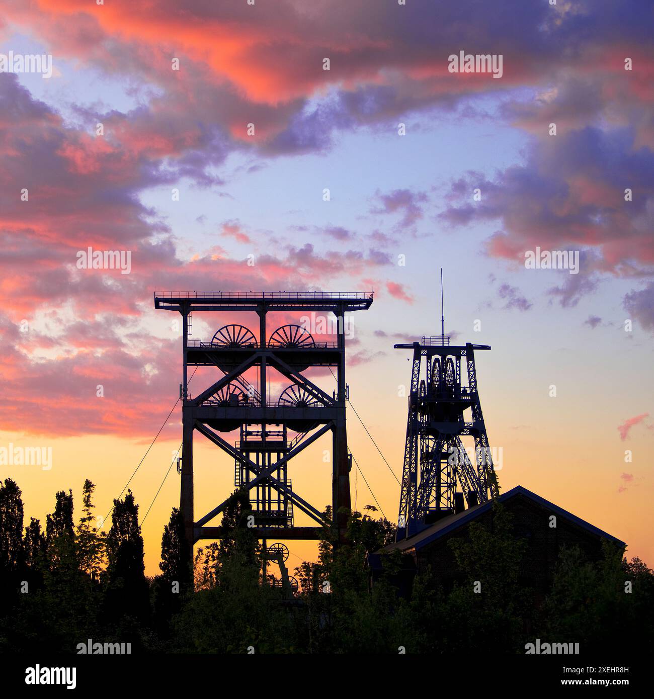 Conveyor towers in the early morning, Gneisenau district park, Dortmund, Ruhr area, Germany, Europe Stock Photo