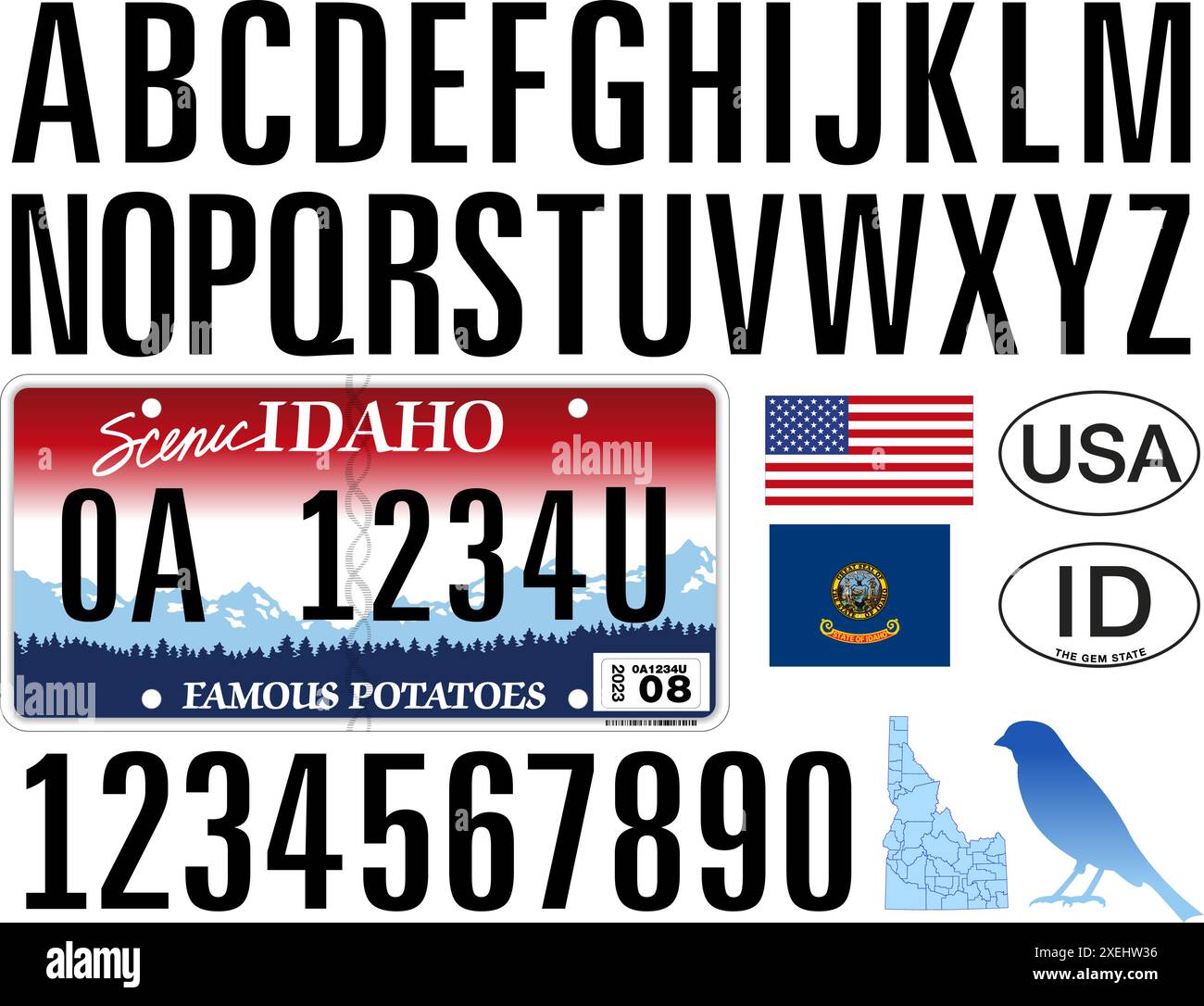 IDAHO car license plate style pattern, letters, numbers and symbols