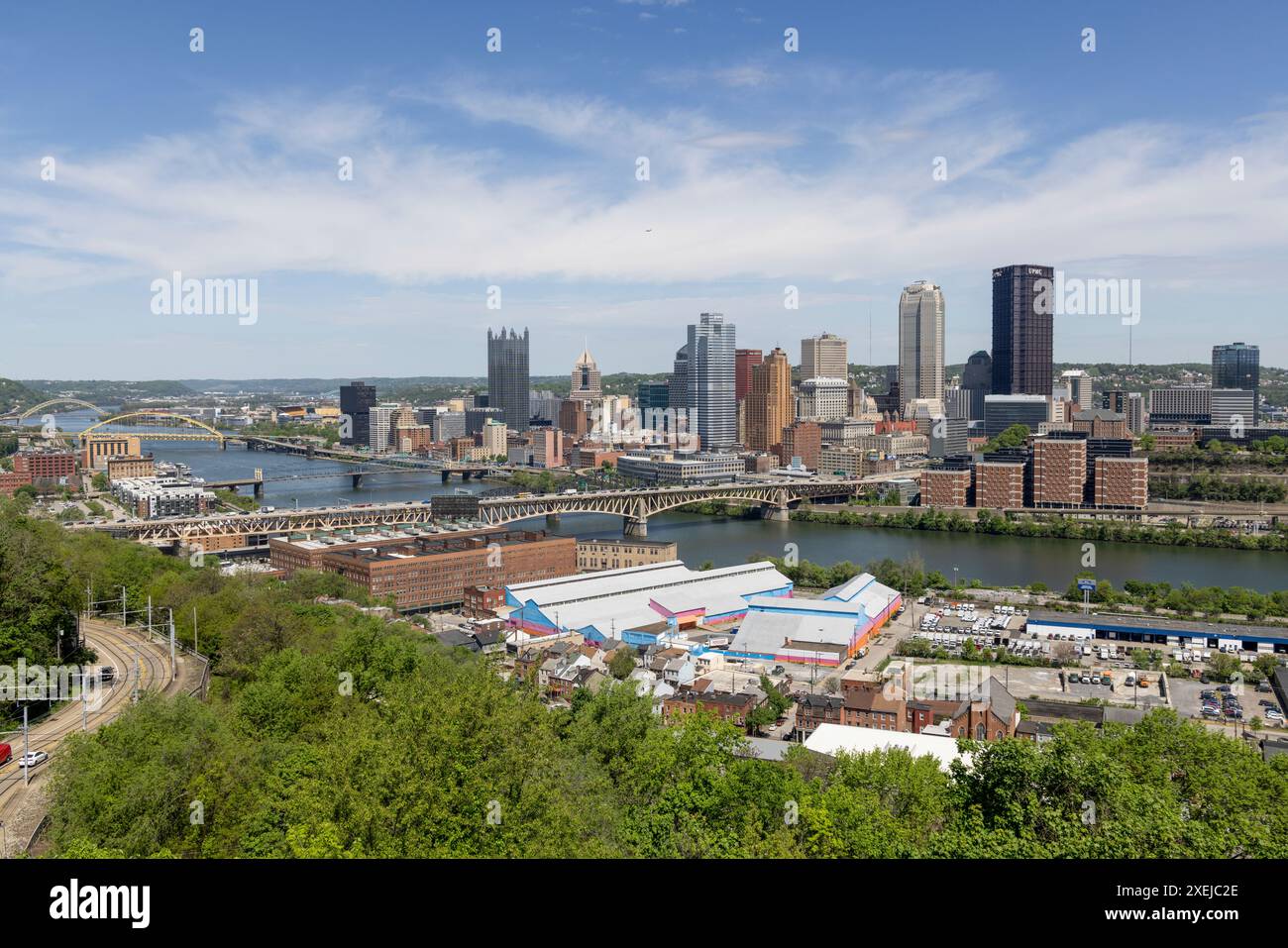 Downtown Pittsburgh skyline view with river and bridges Stock Photo