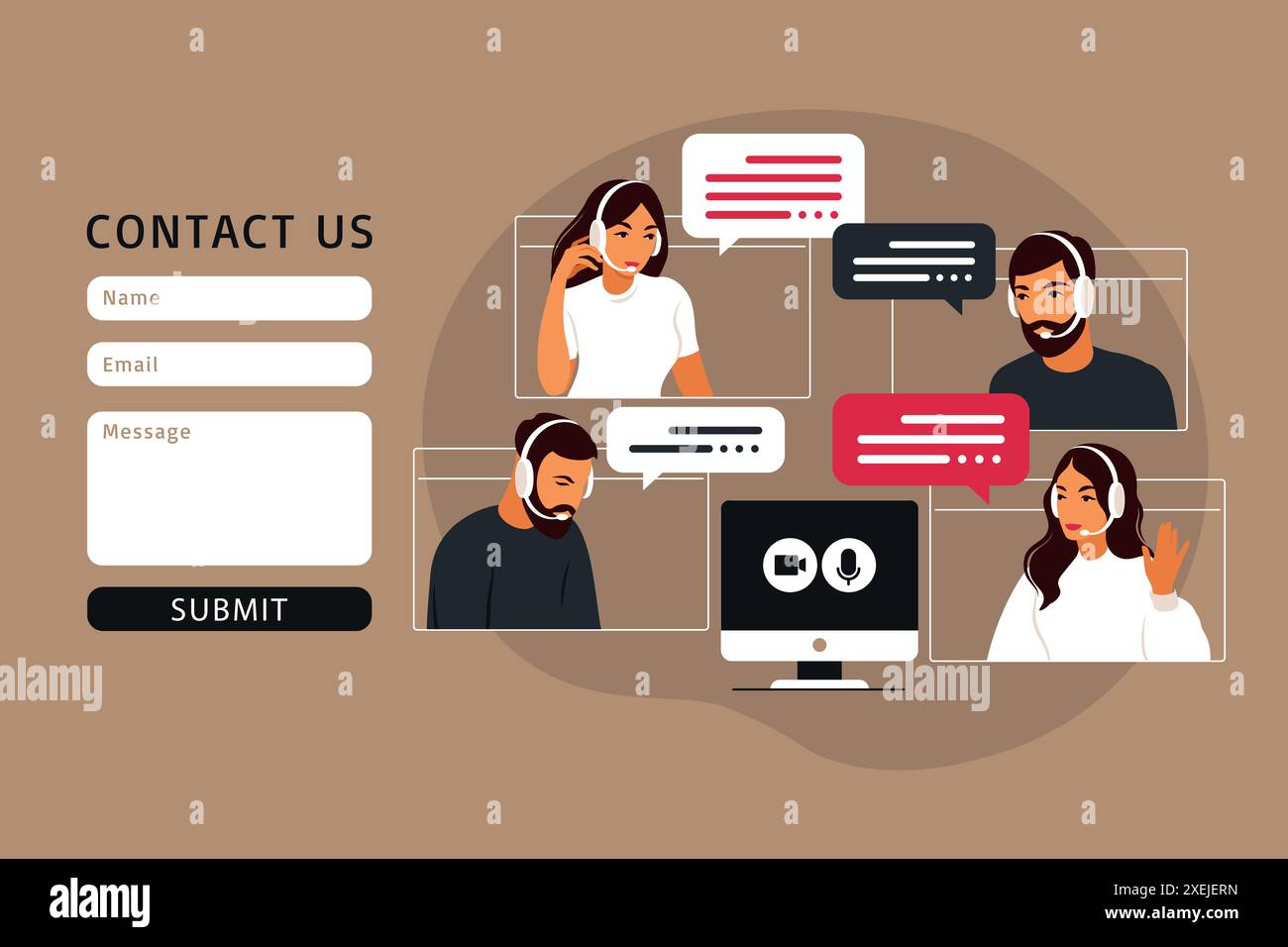 Contact us form template for web. Video meeting of people group. Online ...